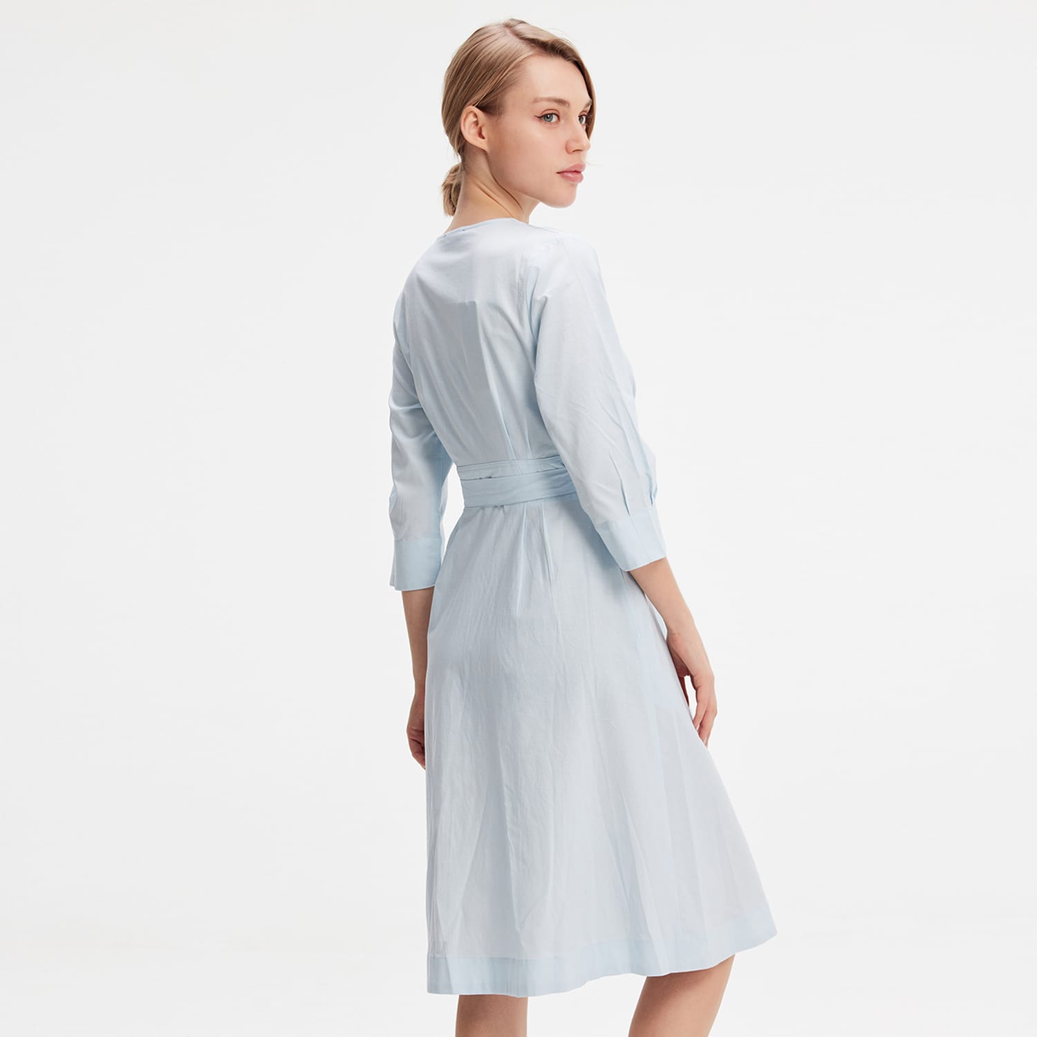 Minimalist Cotton Shirt Dress With Knotted Belt - Light Blue
