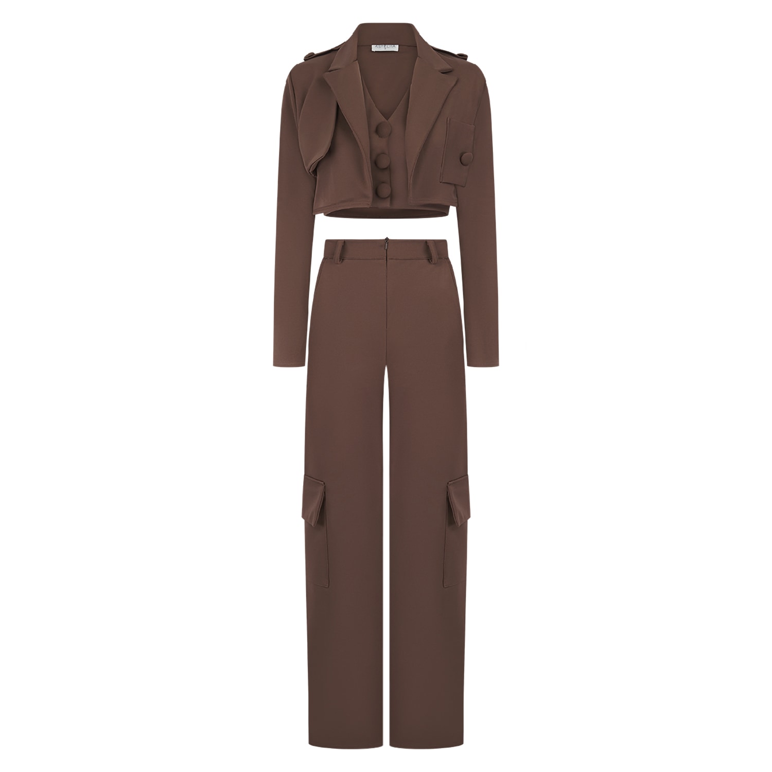 Asteliia Dara Three Piece Waistcoat Blazer And Cargo Trousers In Cocoa Brown In Brown