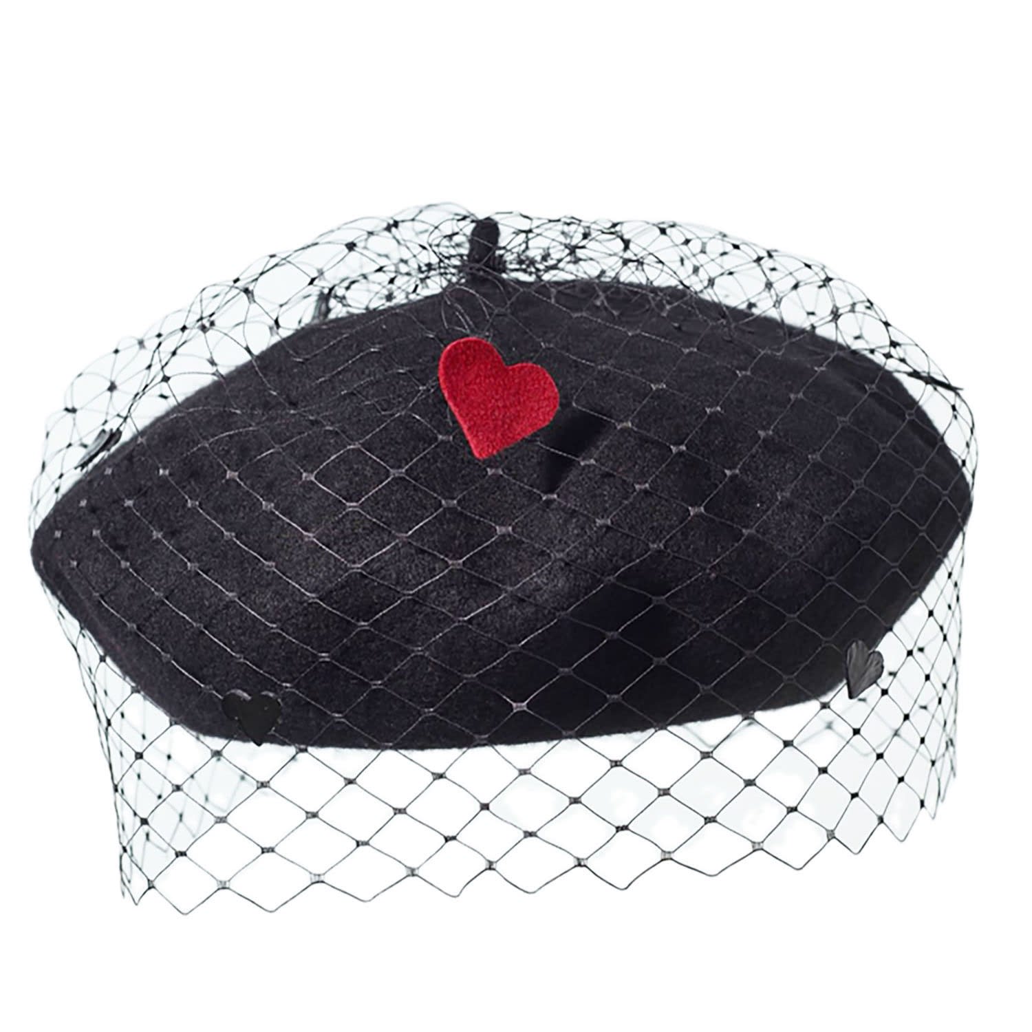 Misa Harada Millinery Women's Floe Heart Veiled Beret In Black Wool Knit In Black