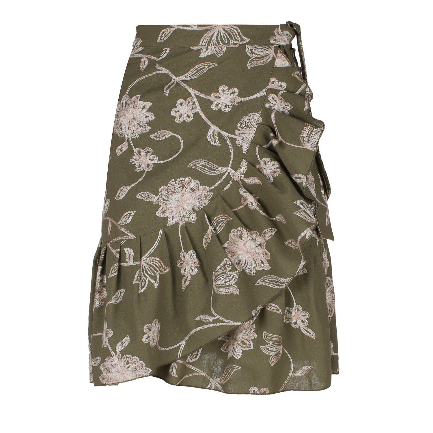 Women’s Green Olive Embroidered Floral Wrap Ruffle Skirt Medium Conquista