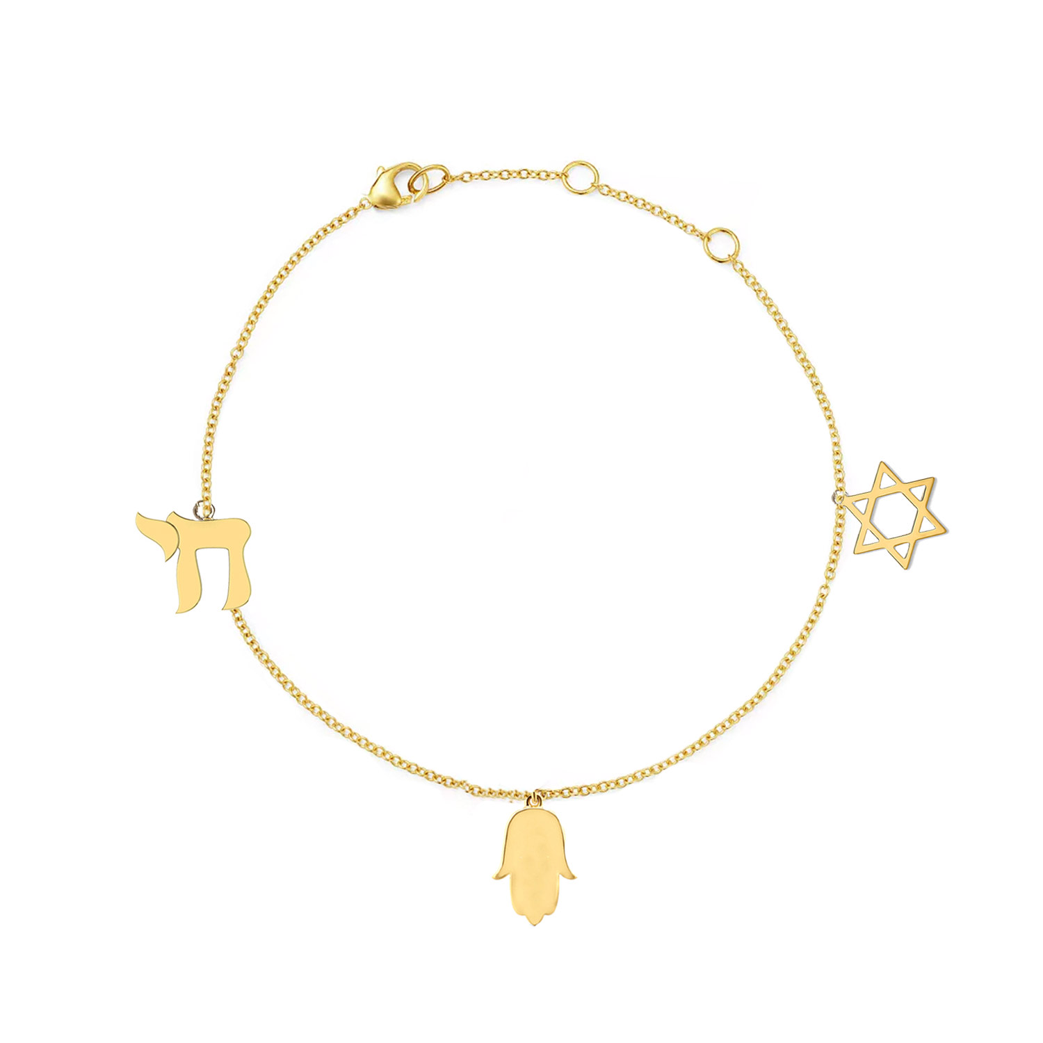 Outofoffice Women's Gold Star Of David Charm Hamsa Chai Bracelet Adjustable Jewish Protection In Gold