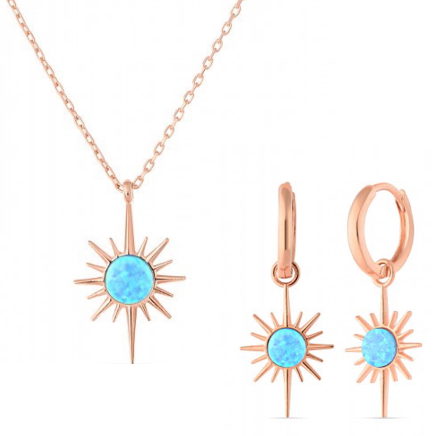 Women’s Blue Opal Northernstar Drop Hoop Earring & Necklace Set In Sterling Silver - Rose Gold Spero London