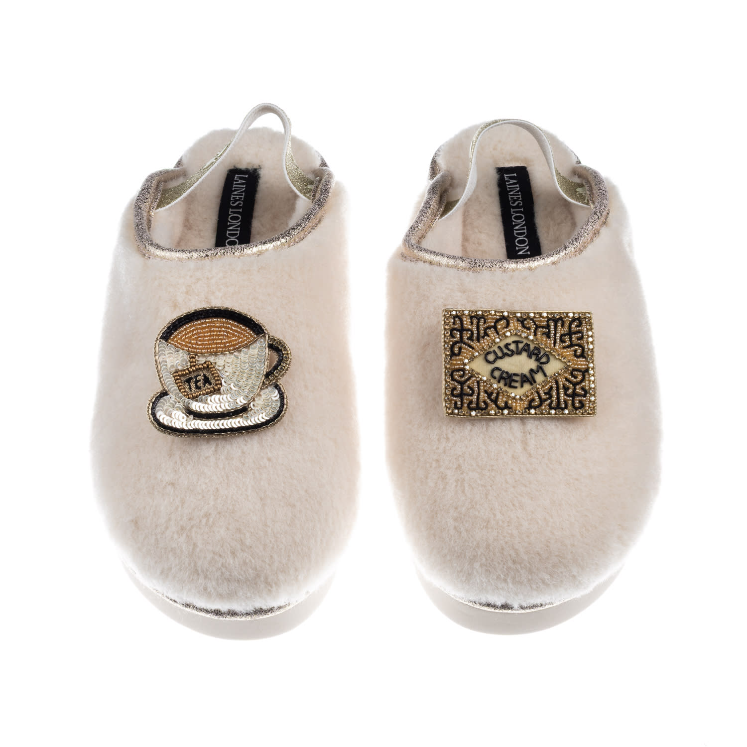 Laines London Women's Gold / Neutrals / White Flatform Cloud Slippers With Tea & Biscuit Brooches - Cream In Neutral