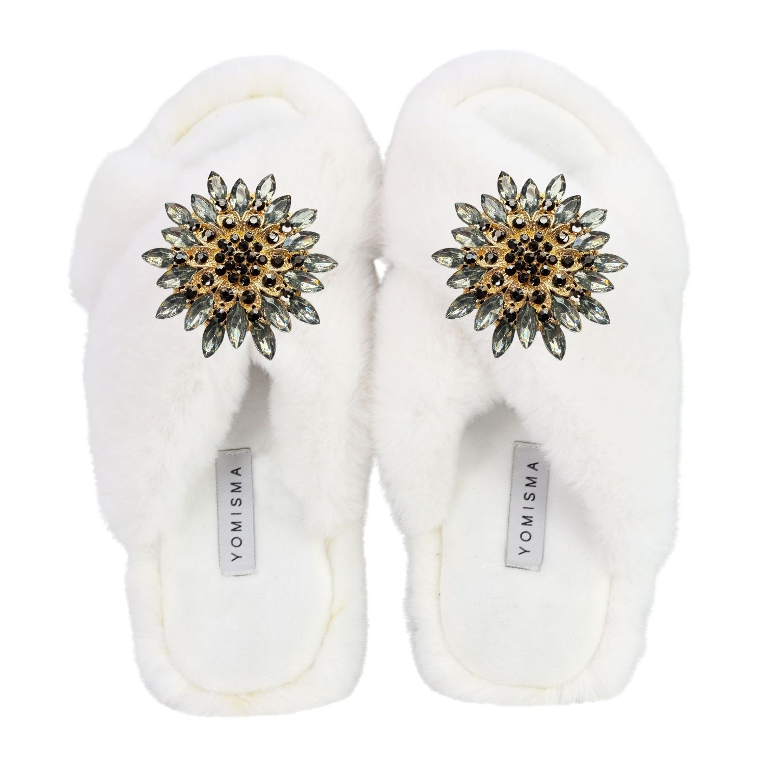 Yomisma Women's Faux Fur Slippers - Global Recycled Standard Certified With Grey Tourmaline Jewel Embellishm In White