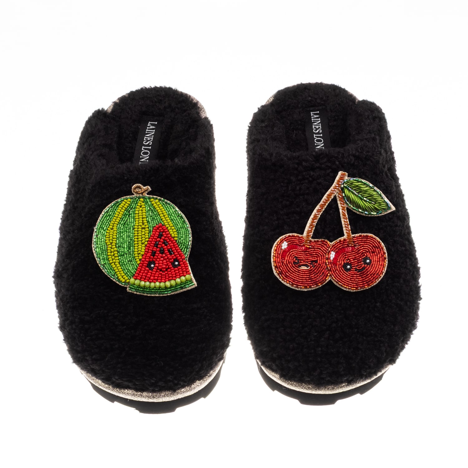 Laines London Women's Teddy Closed Toe Slippers With Laines Lovables Watermelon & Cherry Brooches - Black In Black