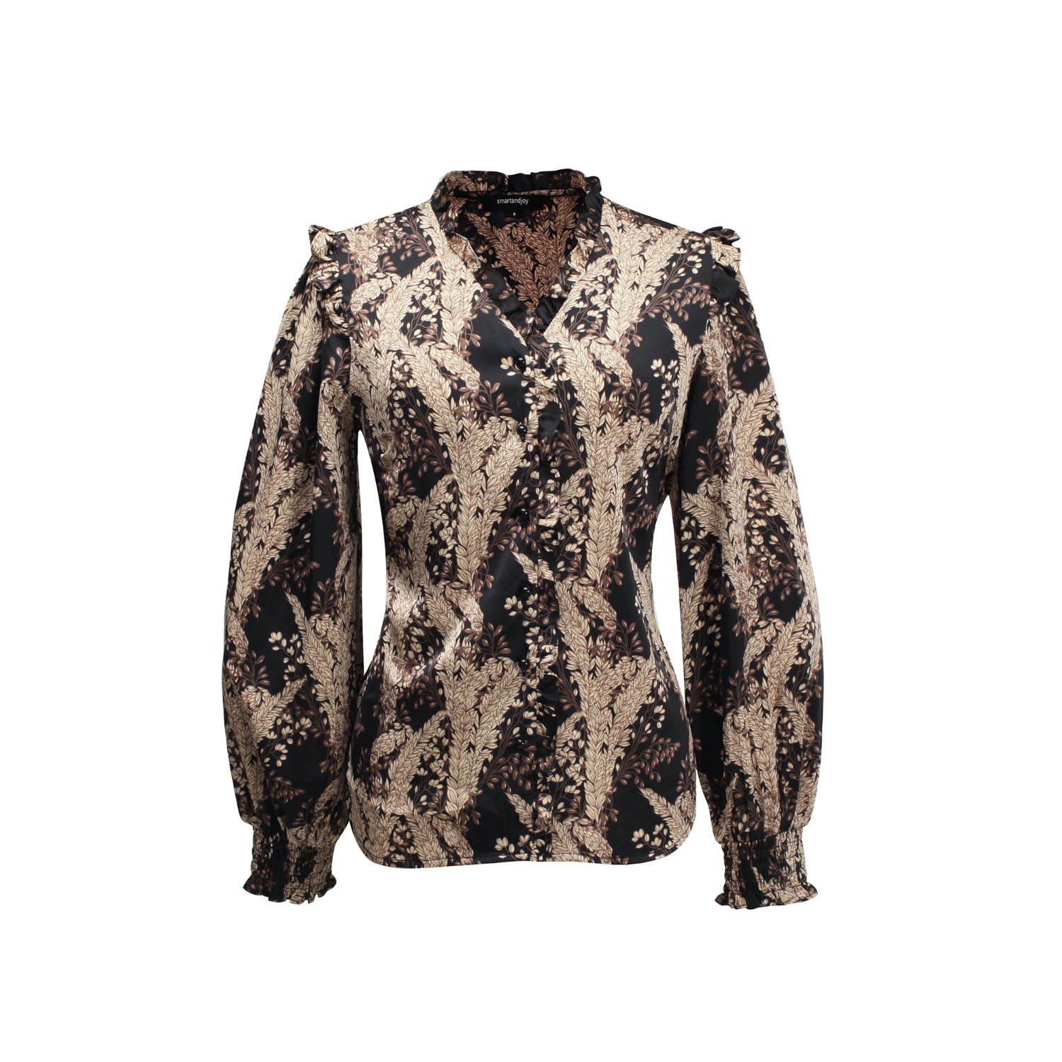 Smart And Joy Women's Neutrals V-neck And Ruffle Blouse With Vintage Print