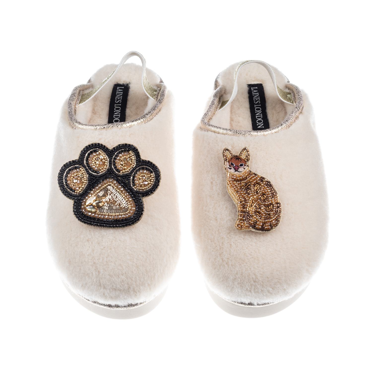Women's Gold / Neutrals / White Flatform Cloud Slippers With Bengal Cat & Paw Brooches
