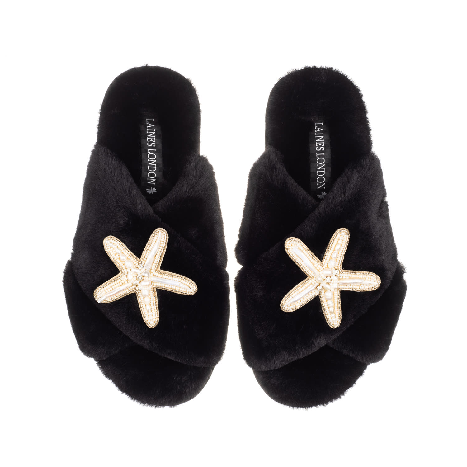 Laines London Women's Classic Laines Slippers With Pearl Starfish Brooches - Black In Black