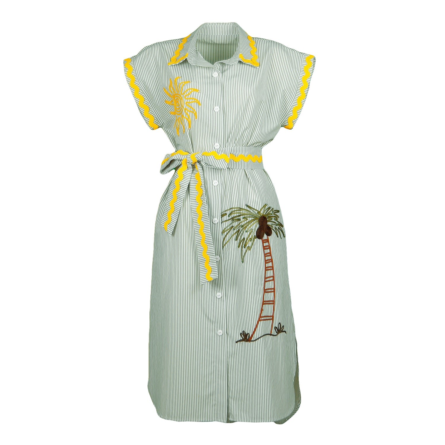 Lalipop Design Women's Green Pinstripe Cotton Shirtdress With Sun & Palm Tree Embroidery In Yellow