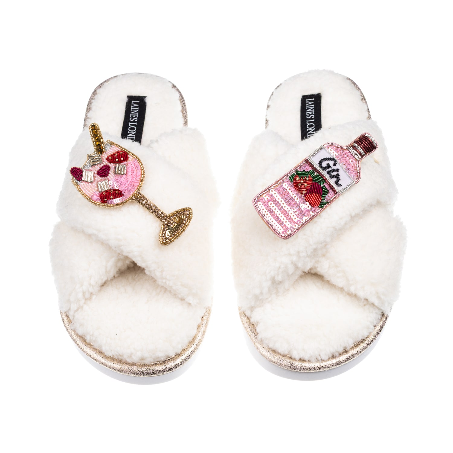 Laines London Women's Neutrals / White Laines Neutral Boucle Slippers With Pink Gin & Glass Brooches - Cream