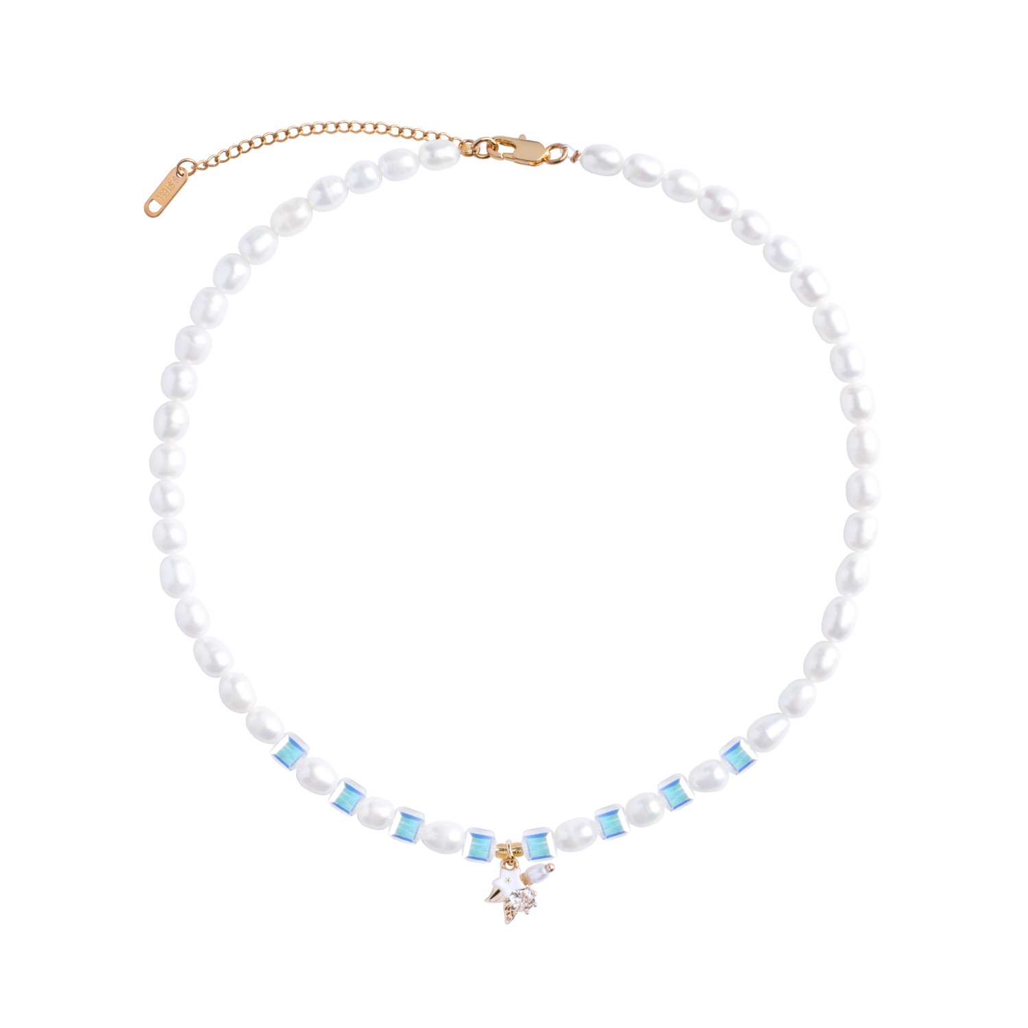 My Little Nature Women's White / Blue Natural Freshwater Pearls Necklace With Austrian Glass Beads And Flower Charm In White