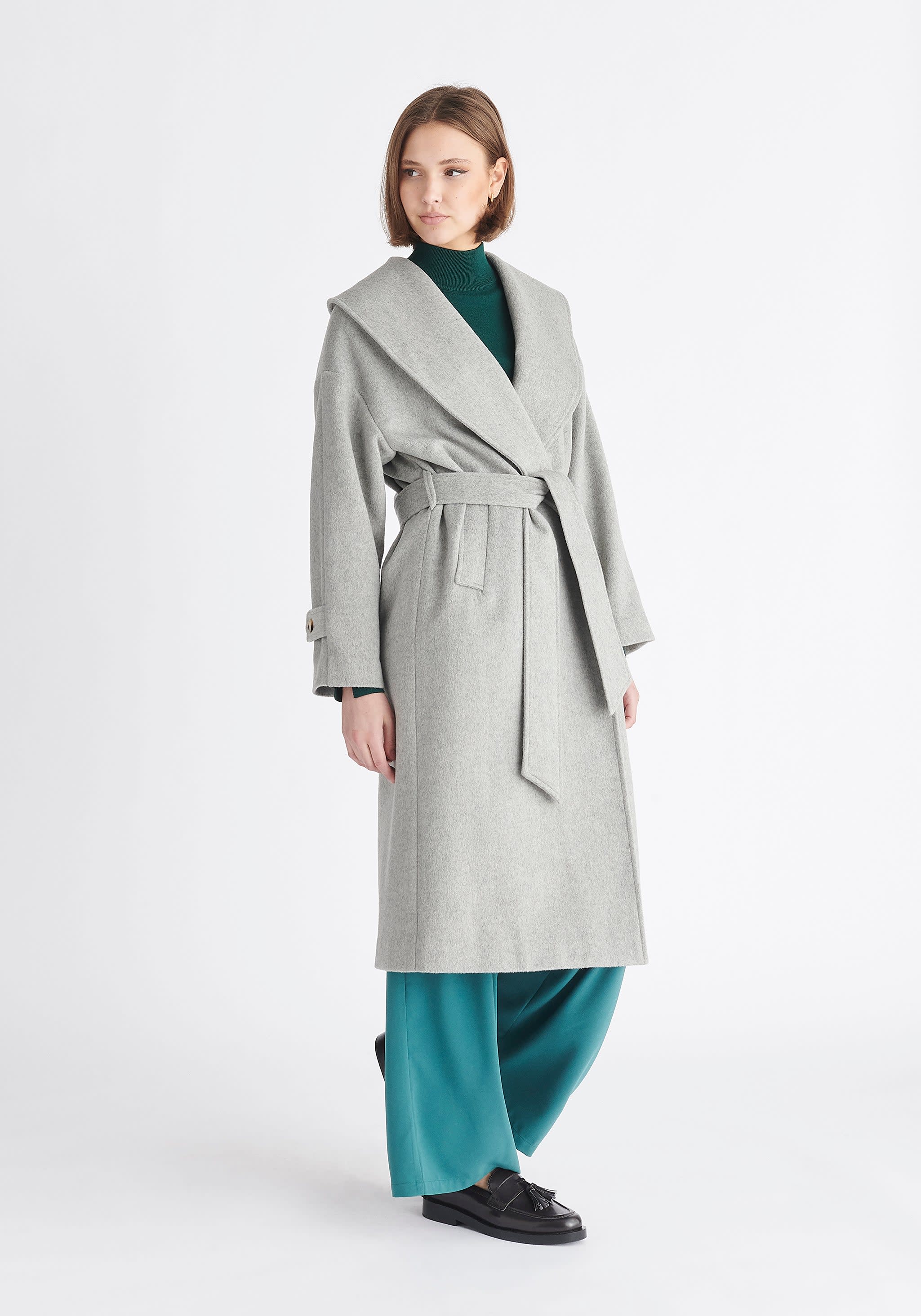 Belted Wool Coat In Light Grey by PAISIE