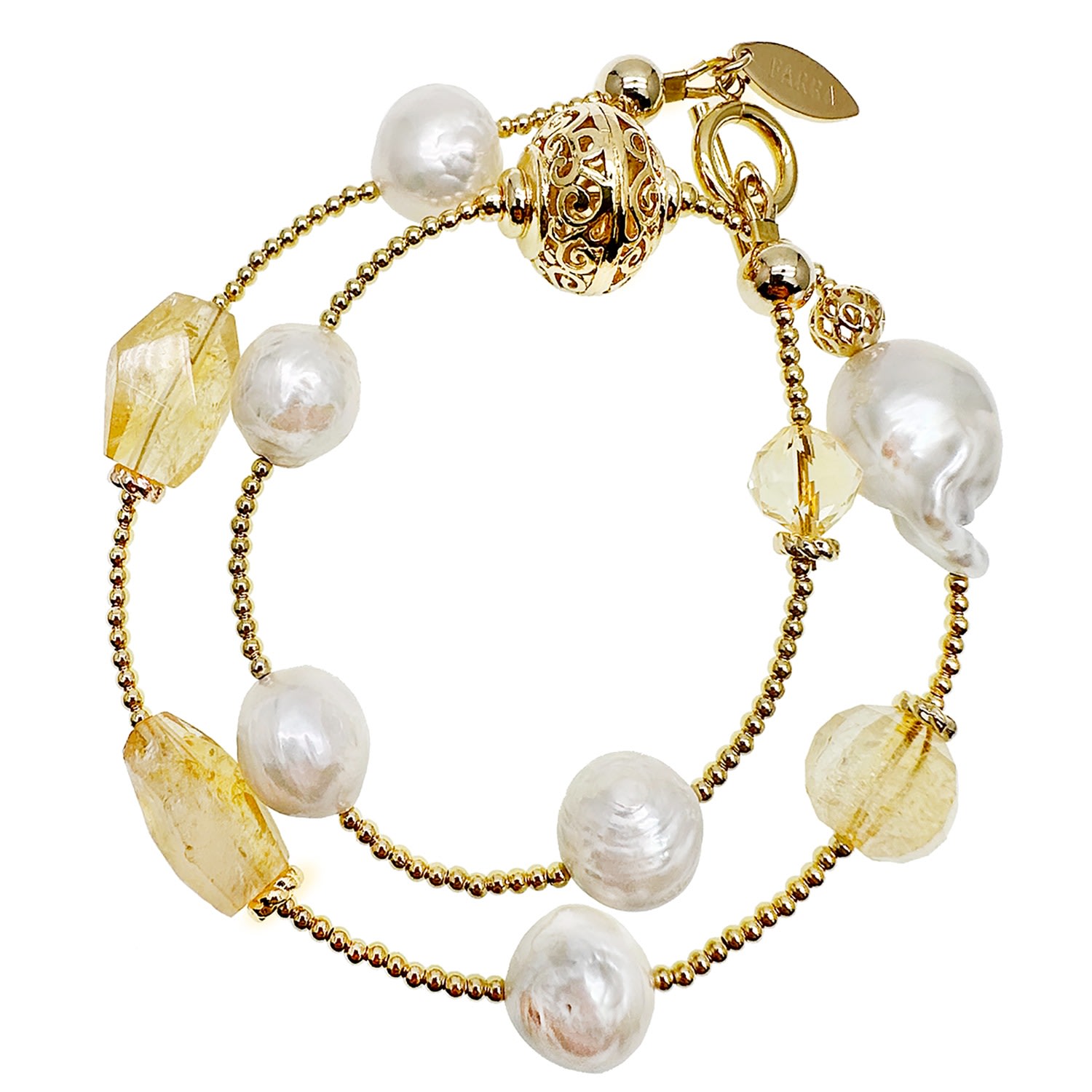 Farra Women's White / Yellow / Orange Citrine With Freshwater Pearls Double Wrapped Bracelet In Gold
