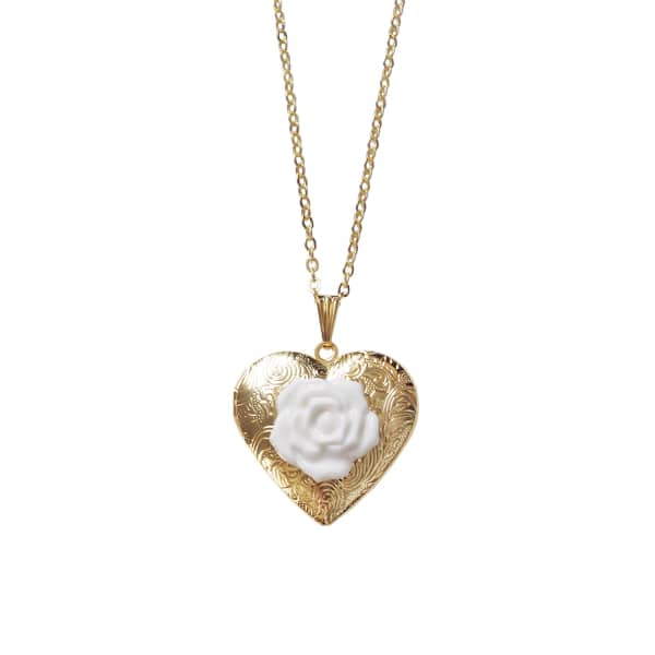 Poporcelain Classic Heart Locket With Porcelain Rose Pendant Necklace In Pendant