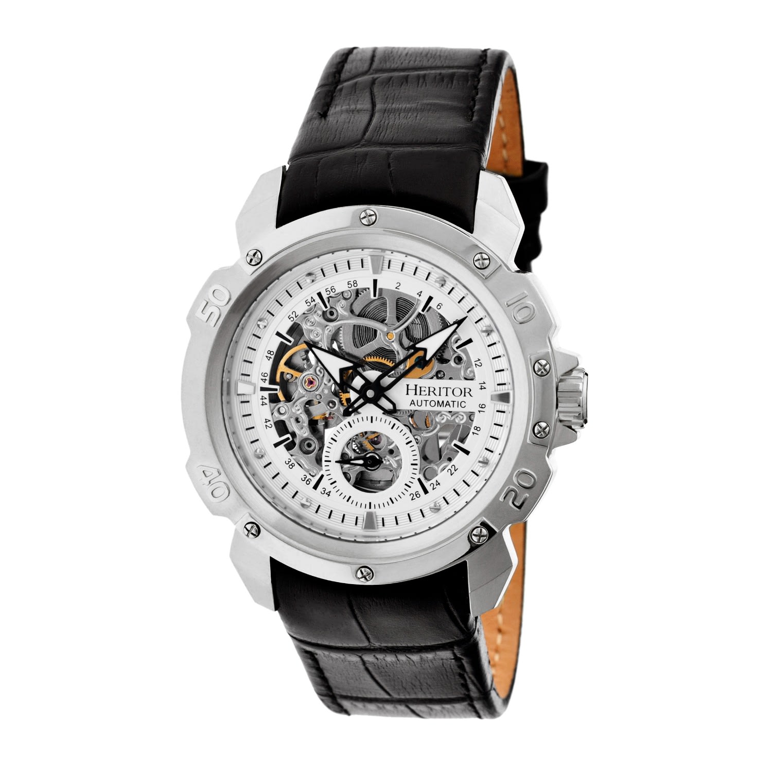 Heritor Automatic Men's Conrad Leather-band Skeleton Watch With Seconds Sub-dial - Silver