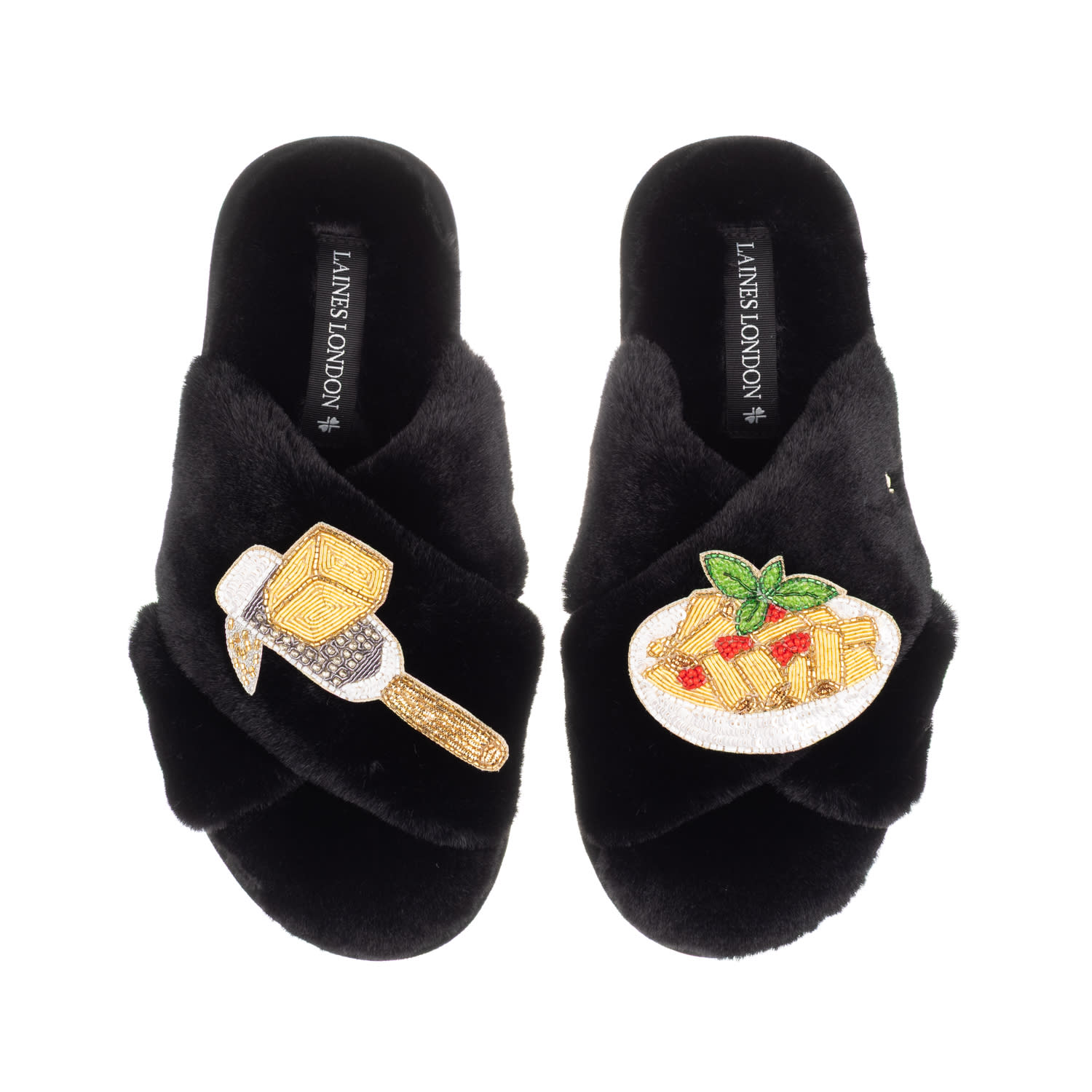 Laines London Women's Laines X Juliet Slippers With Parmesan & Pasta Brooches - Black In Black