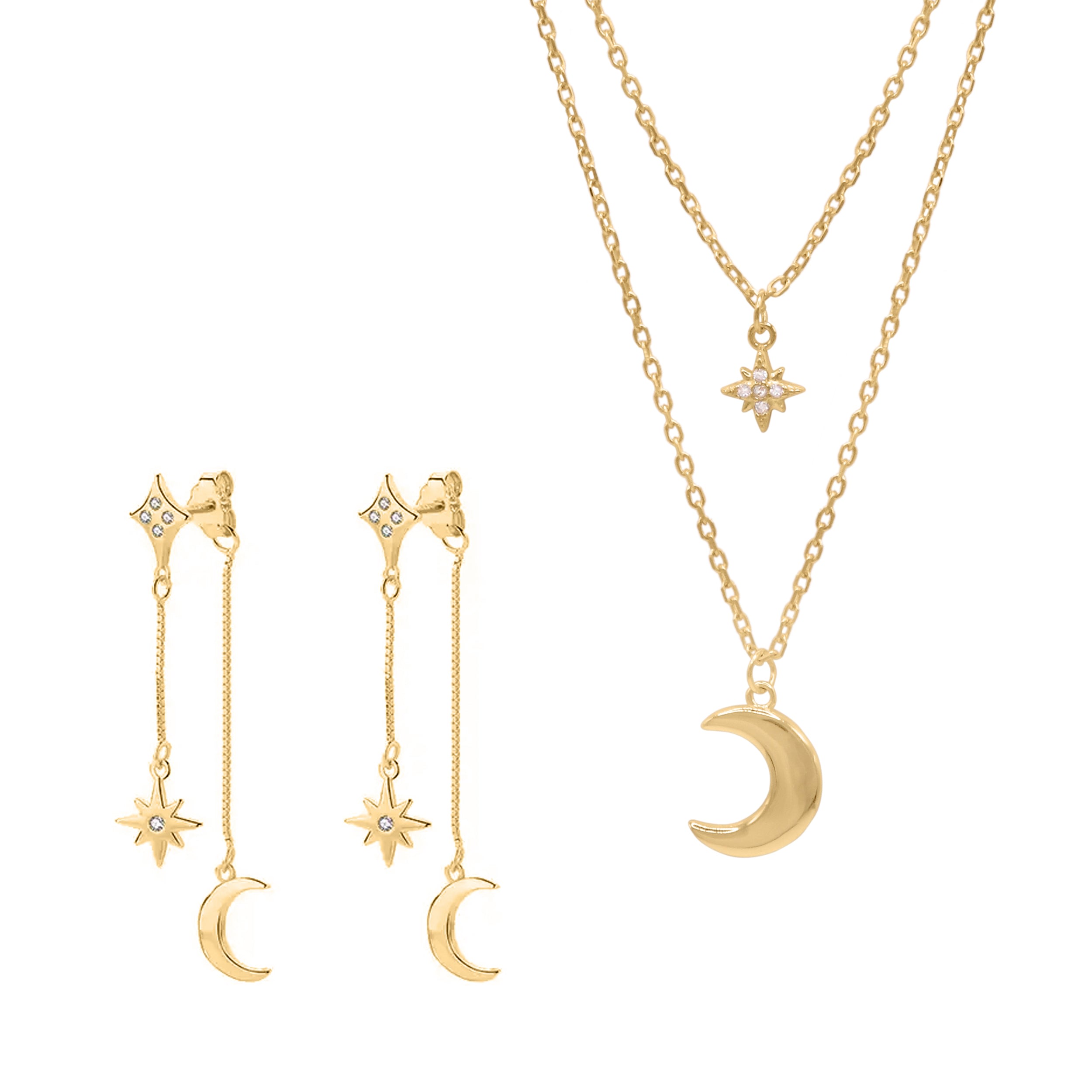 Luna Charles Women's Moon & Star Layering Gift Set - Necklace & Earrings - Gold Plated