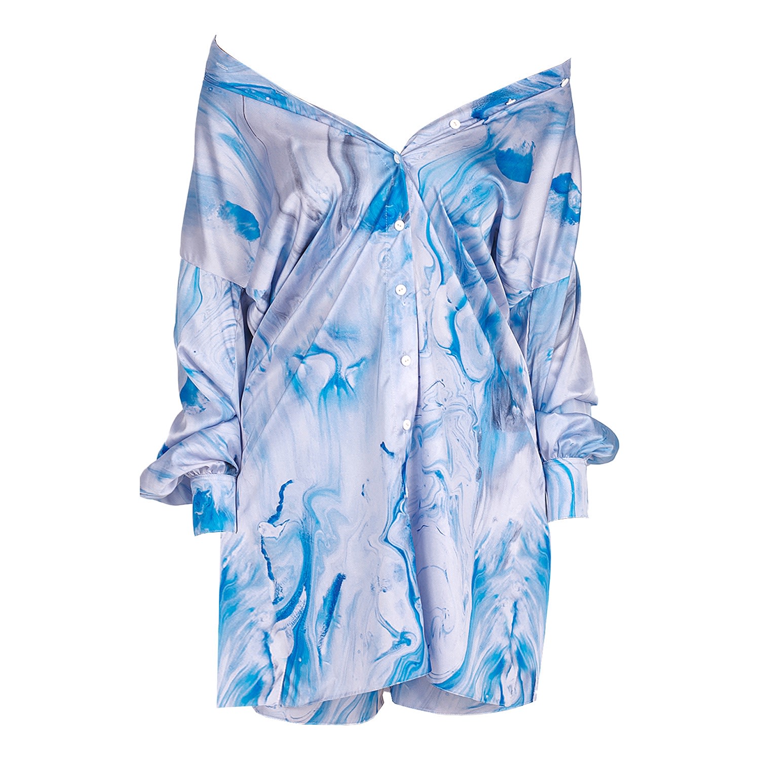 Women’s Long Satin Shirt With Delicate Blue Watercolour Print Large Maison Bogomil