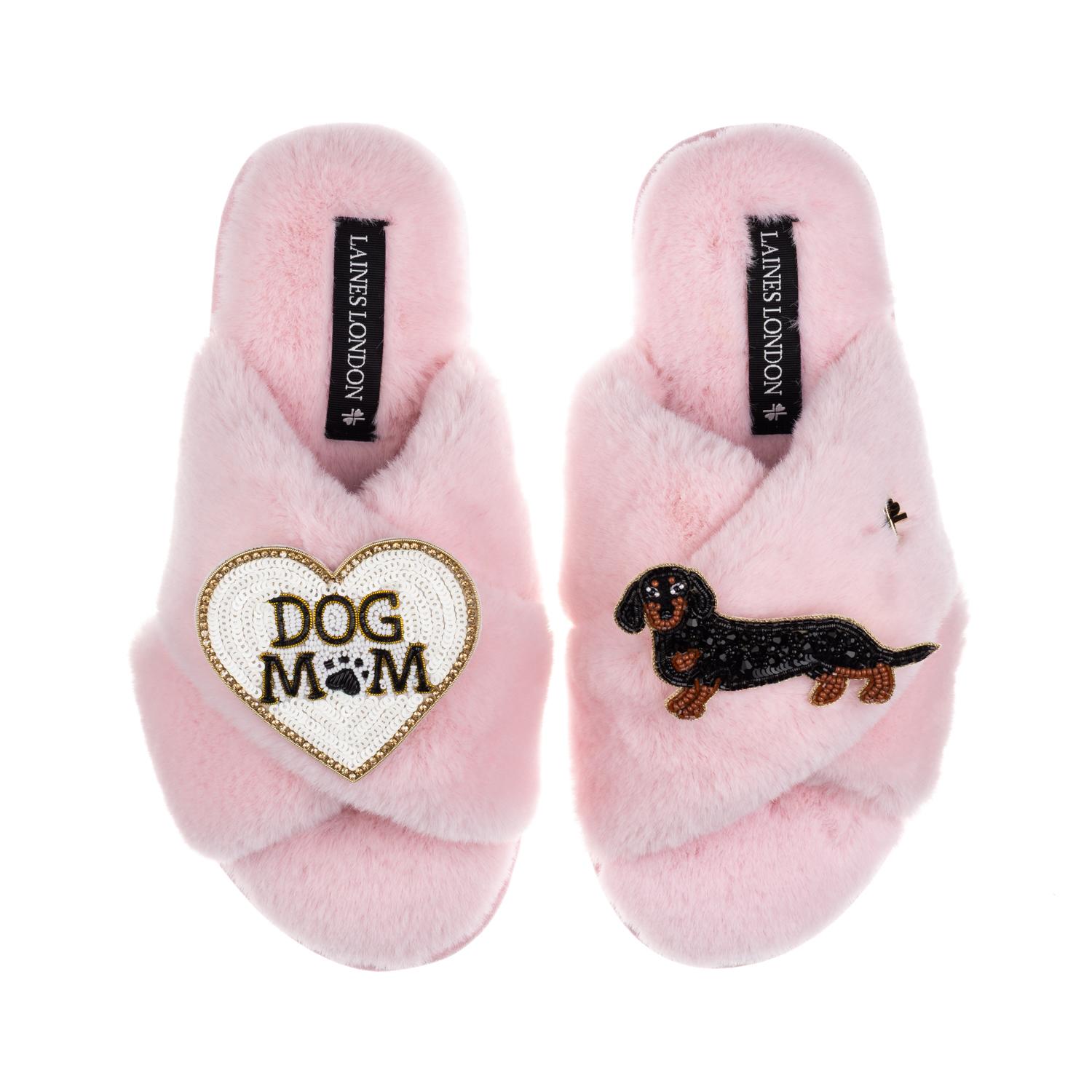 Laines London Women's Classic Laines Slippers With Dog Mum/mom & Black & Tan Dachshund Brooches - Pink In Pink