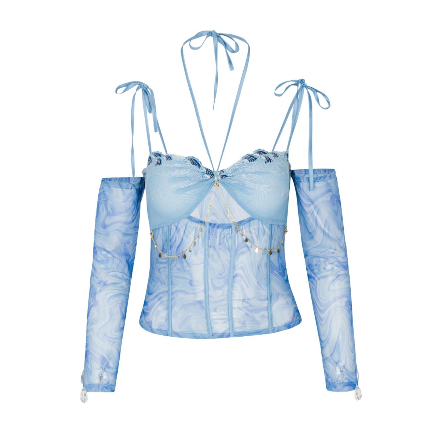 Empress Mimi Women's Siren Song Blue Embroidered Corset Top With Wave Print And Diamond Detail In Blue