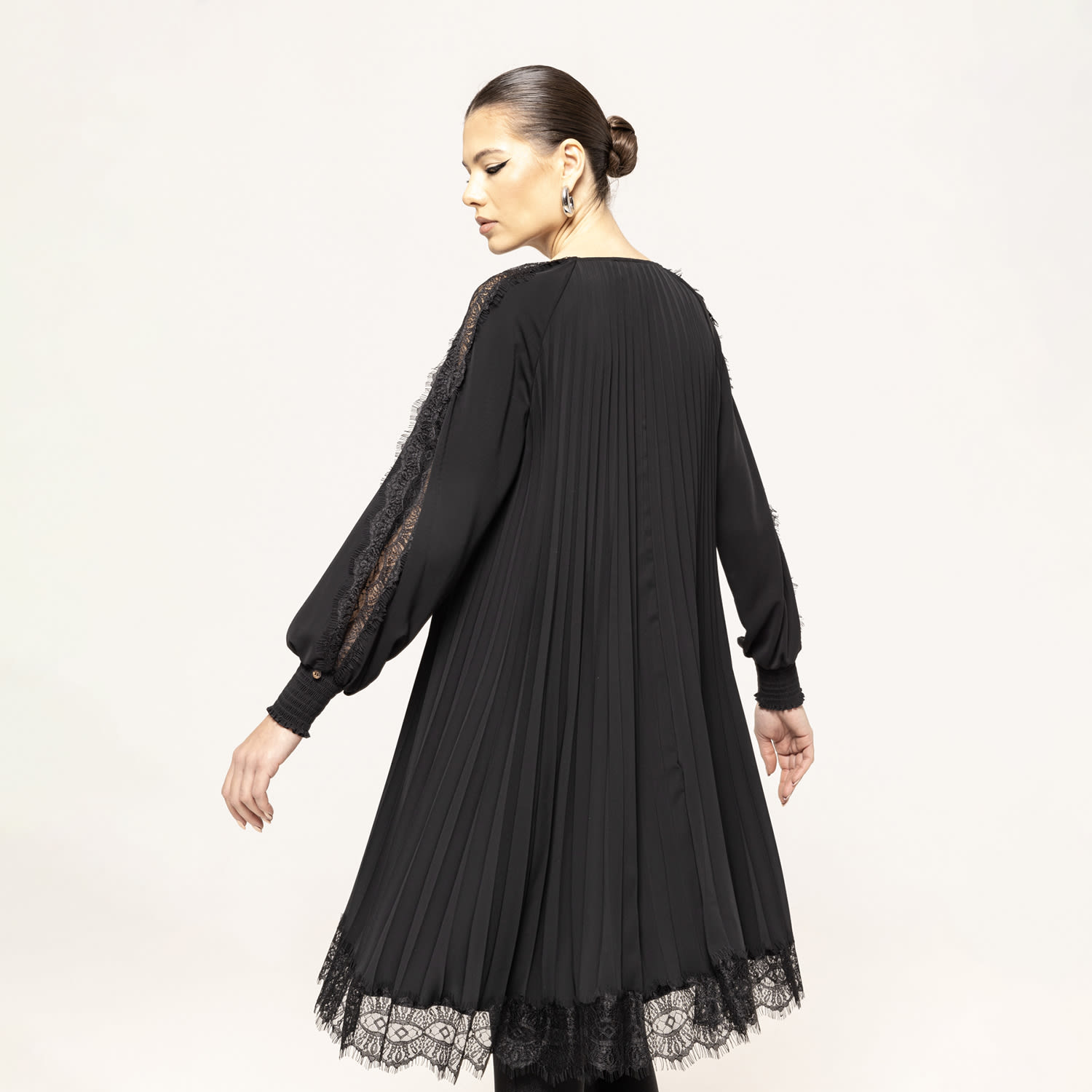 Lace-Trimmed Pleated Dress Black by Nissa