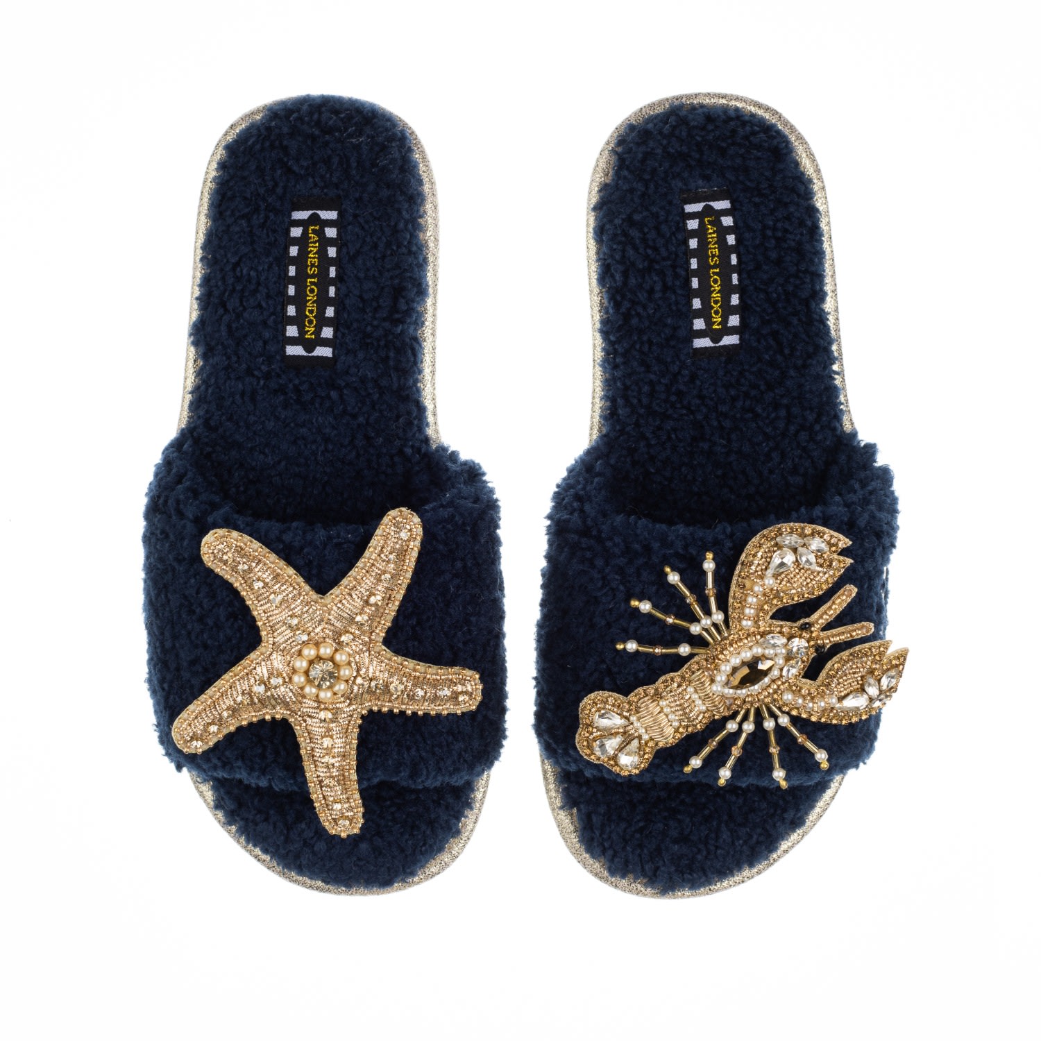 Laines London Women's Blue Teddy Towelling Sliders With Gold Pearl Lobster & Starfish Brooches - Navy