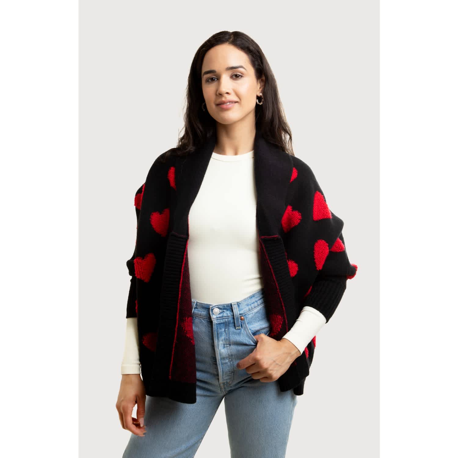 Heart Ribbed Knit Red & Black Cardigan | Saachi | Wolf & Badger