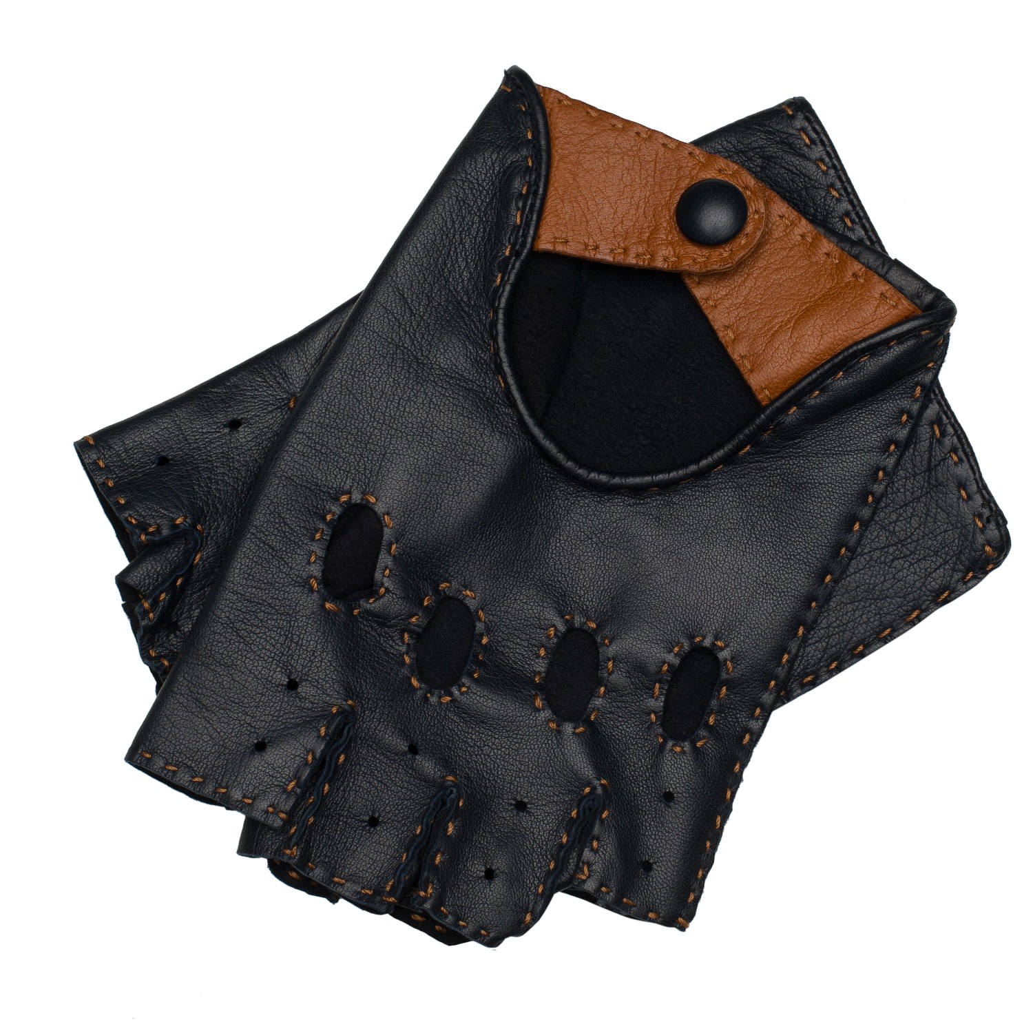 1861 Glove Manufactory Black / Brown Rome Spring - Men's Fingerless Driving Gloves In Blue And Camel In Black/brown
