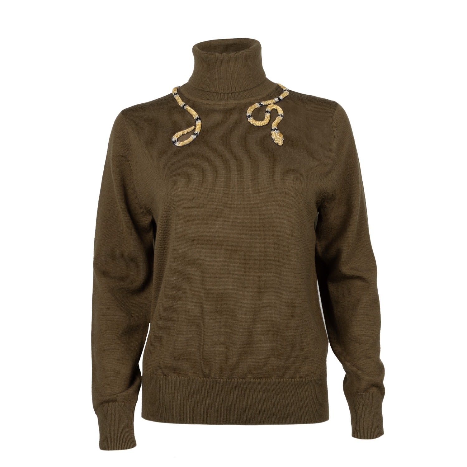 Women’s Green Laines Couture Wrap Gold Snake Embellished Knitted Roll Neck Jumper - Khaki Large Laines London