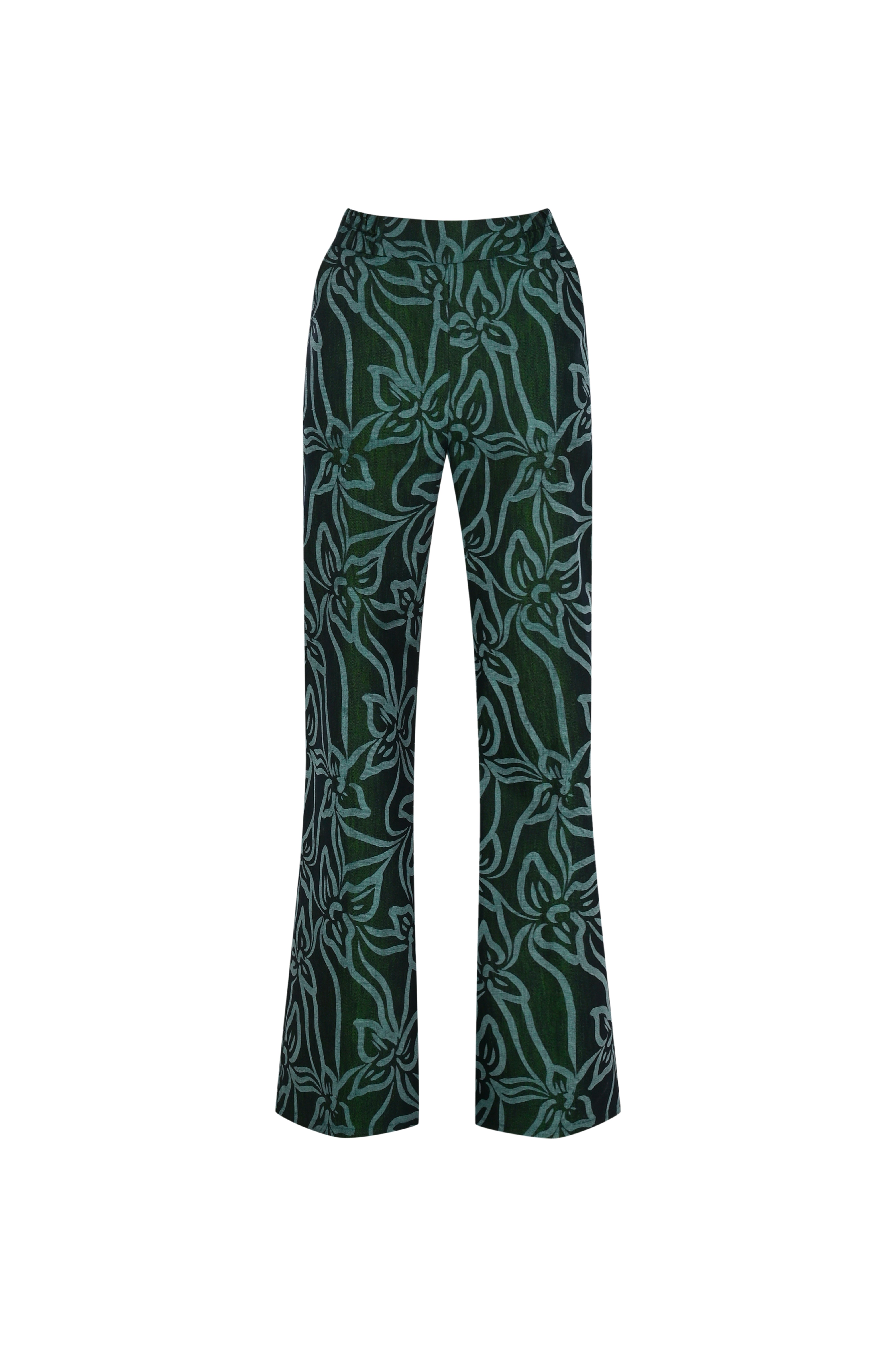Khéla The Label Women's Green Urban Jungle Pants With Flower Lazer Print On Denim In Green