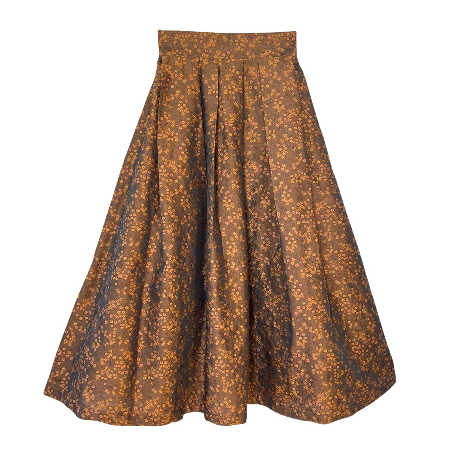 Women’s Green / Yellow / Orange Floral Brocade Midi Skirt In Caramel Brown Small L2R the Label