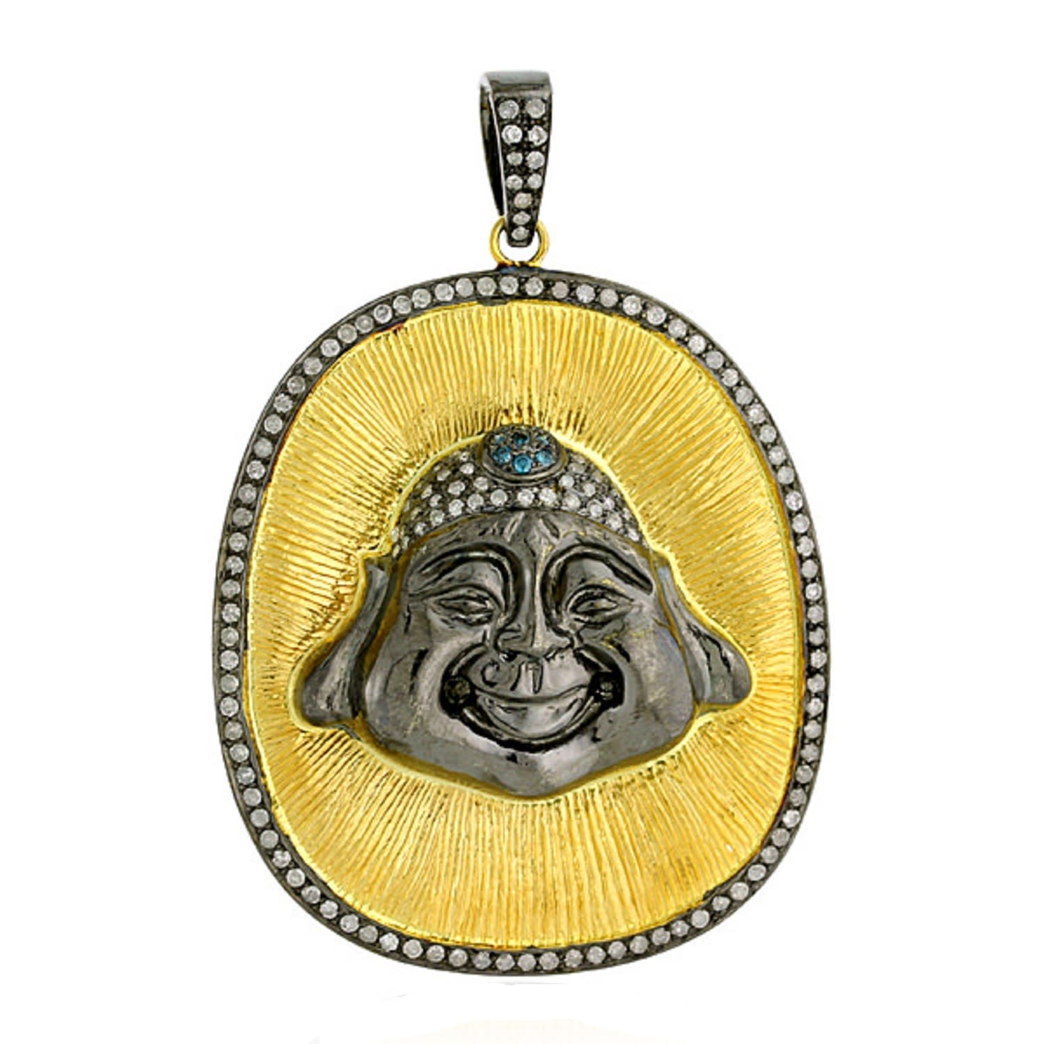 Women’s White / Blue / Yellow Gold Diamond Sterling Silver Laughing Buddha Design Pendant Artisan