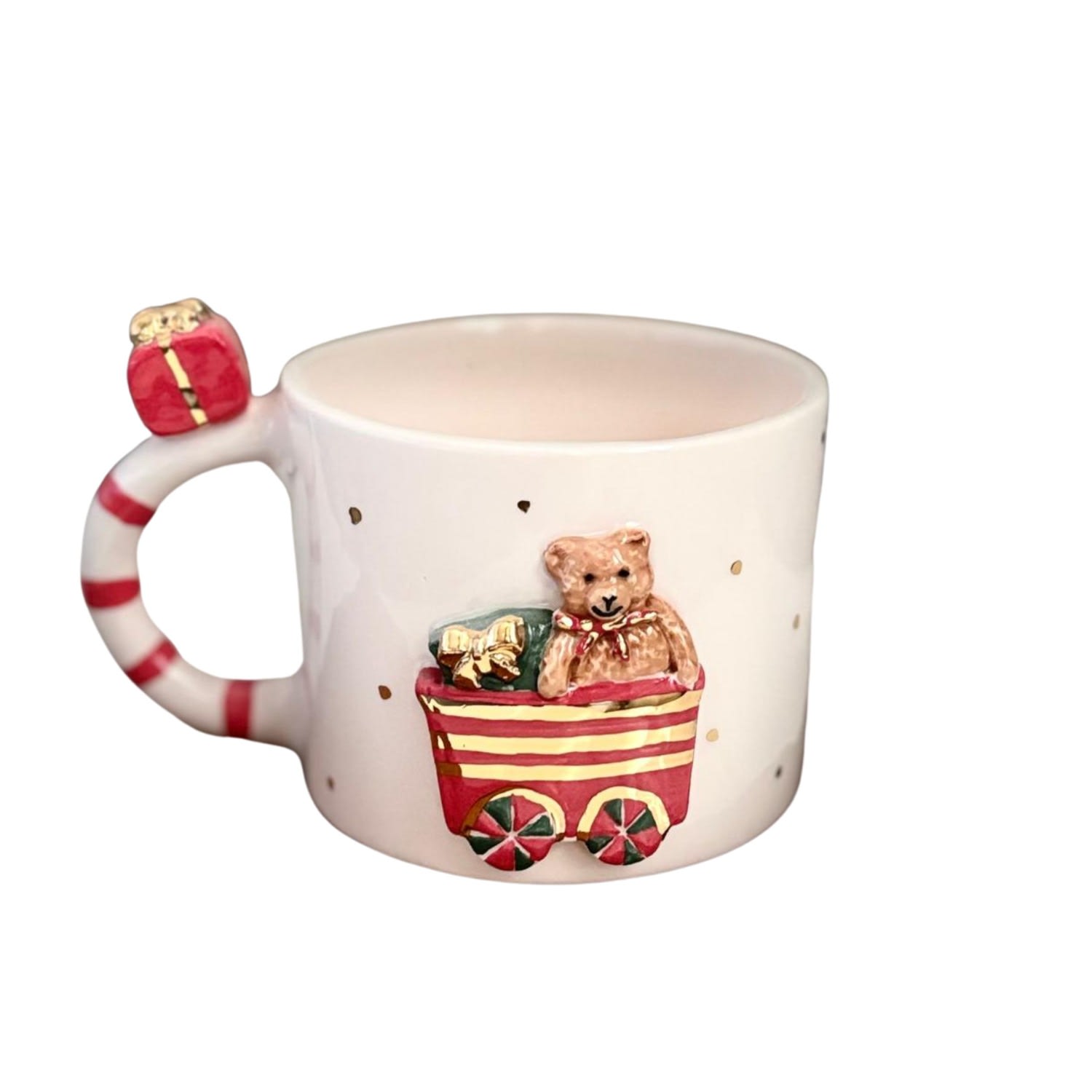 Anatoliacraft White / Brown Handcrafted Christmas Bear Ceramic Mug With Real Gold Detailing & Gift Wagon Design