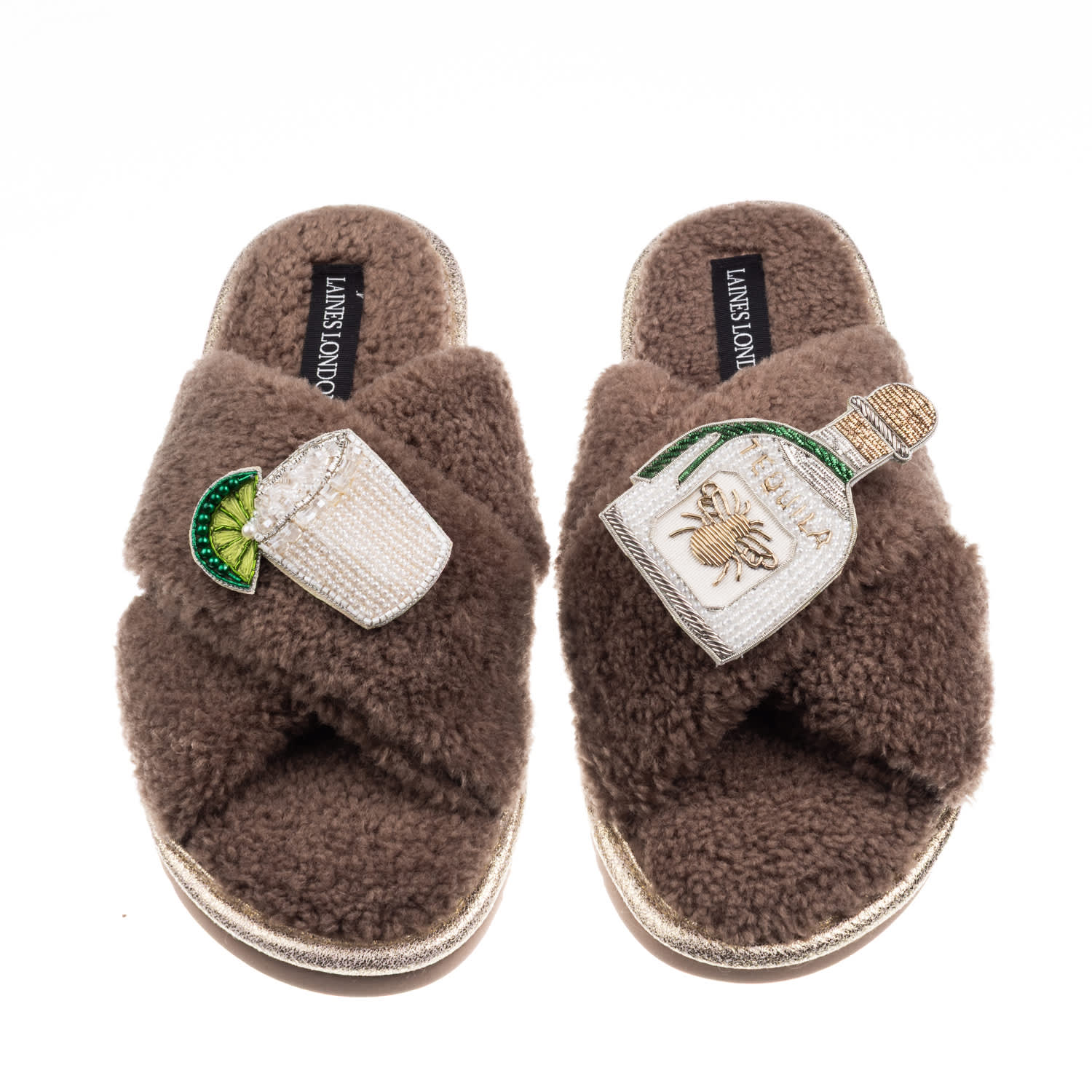 Laines London Women's Brown / Neutrals Laines Neutral Boucle Slippers With Agave Tequila Brooches - Mink In Brown