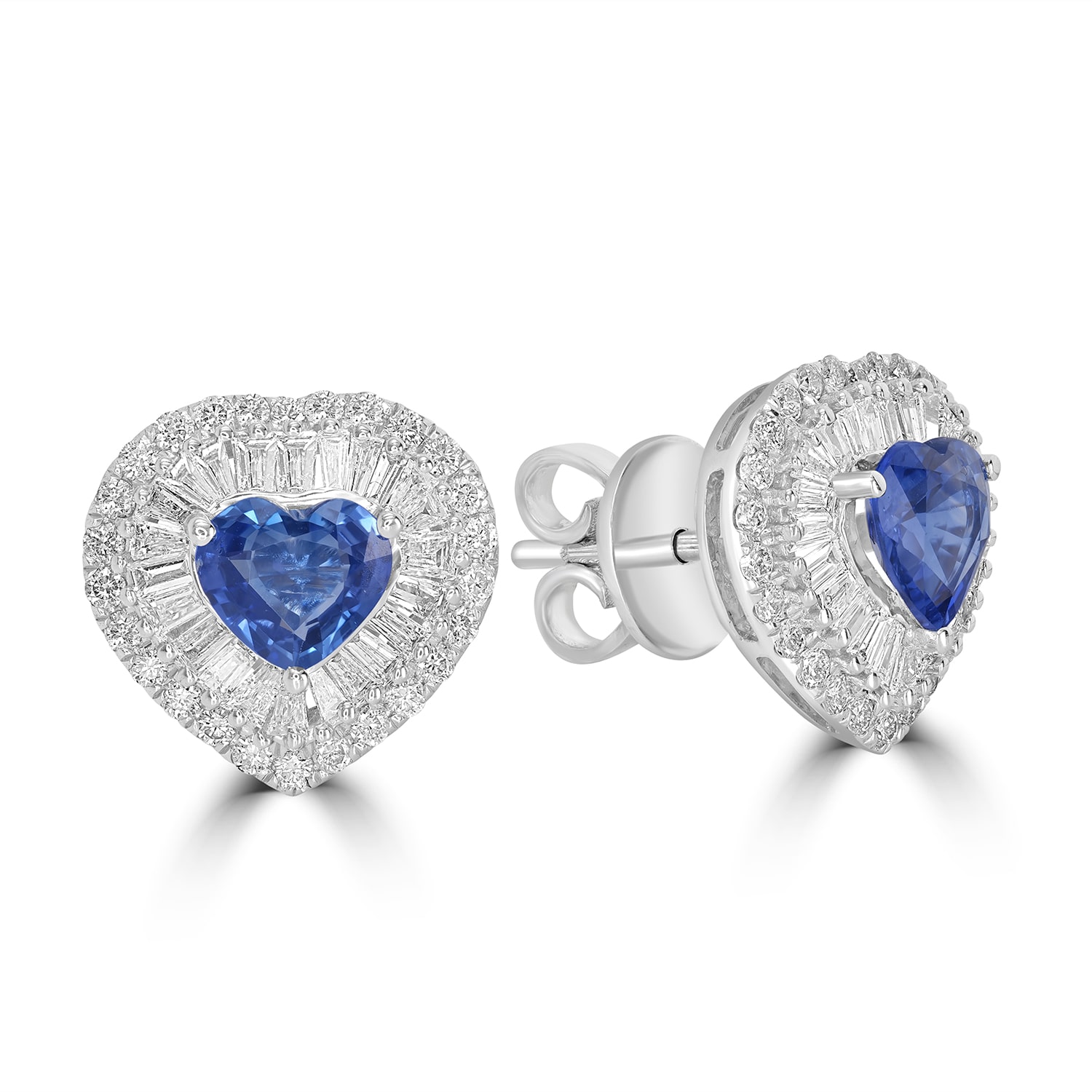 Artisan Women's White / Blue Baguette Cut Diamond & Blue Sapphire Heart Stud Earrings In White Gold