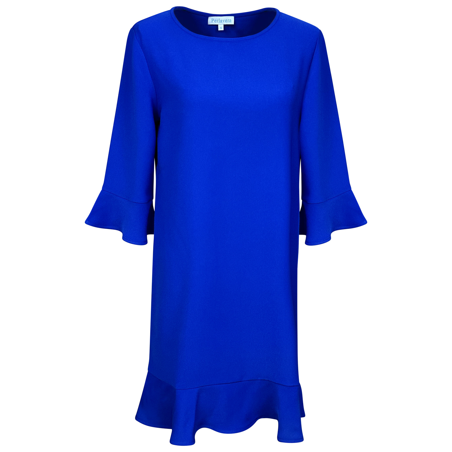 Perlavera Women's Petek Night Blue Solid, Regular, Three Quarter, Mini, Ruffle Dress In Blue