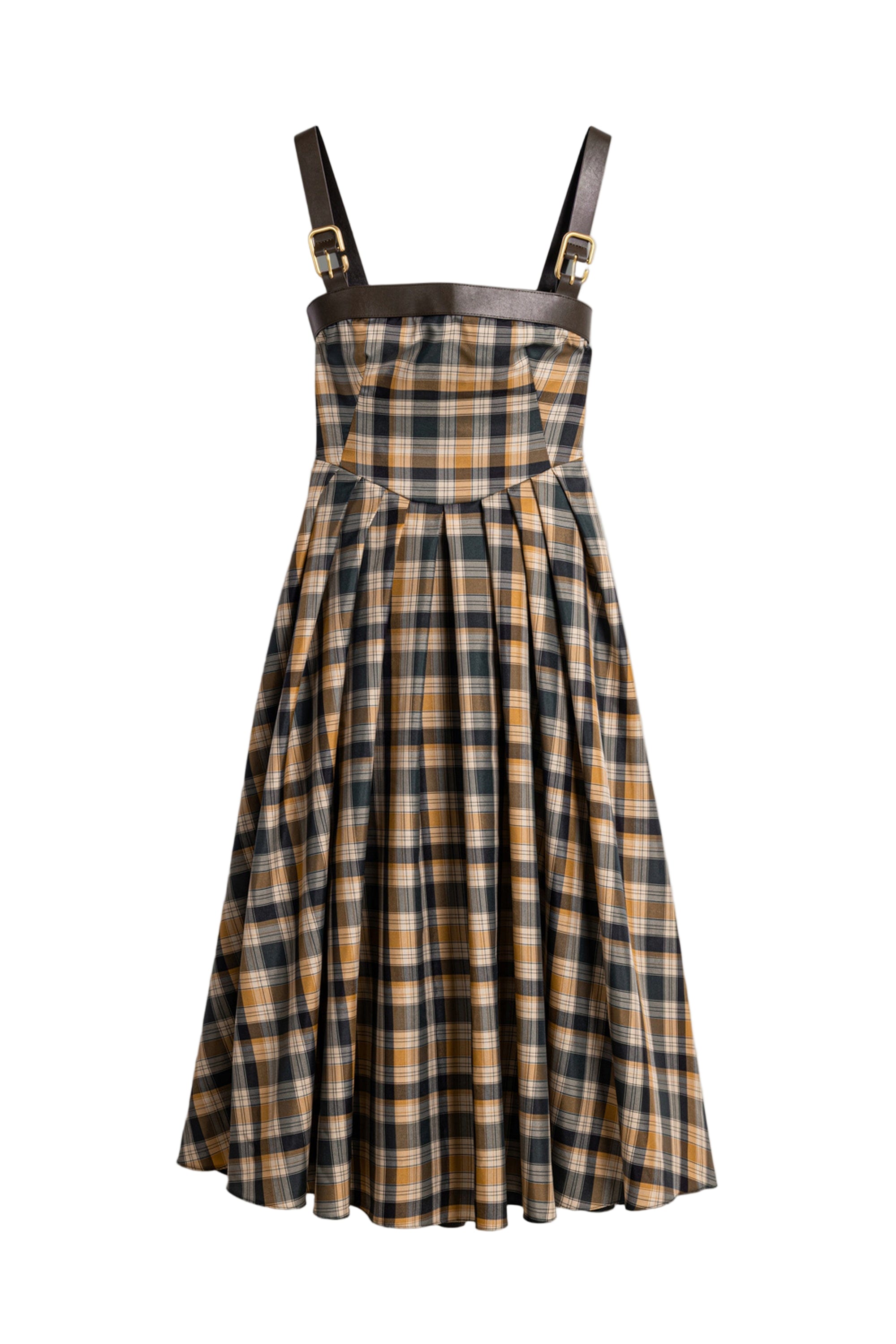 Nocturne Plaid Pleated Maxi Dress With Faux Leather Belt In Brown