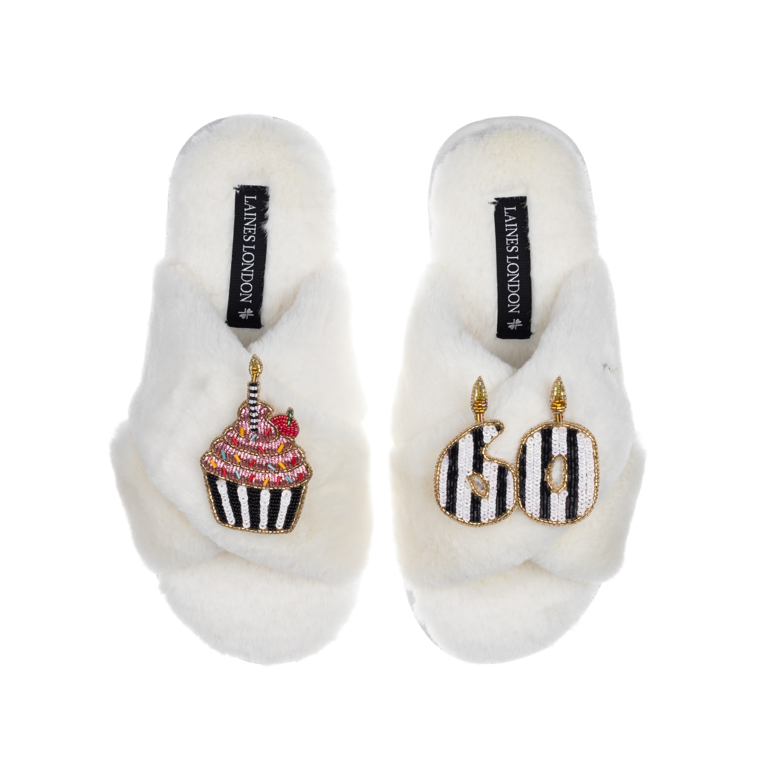 Laines London Women's White Classic Laines Slippers With Stripe 60th Birthday & Cake Brooches - Cream In White