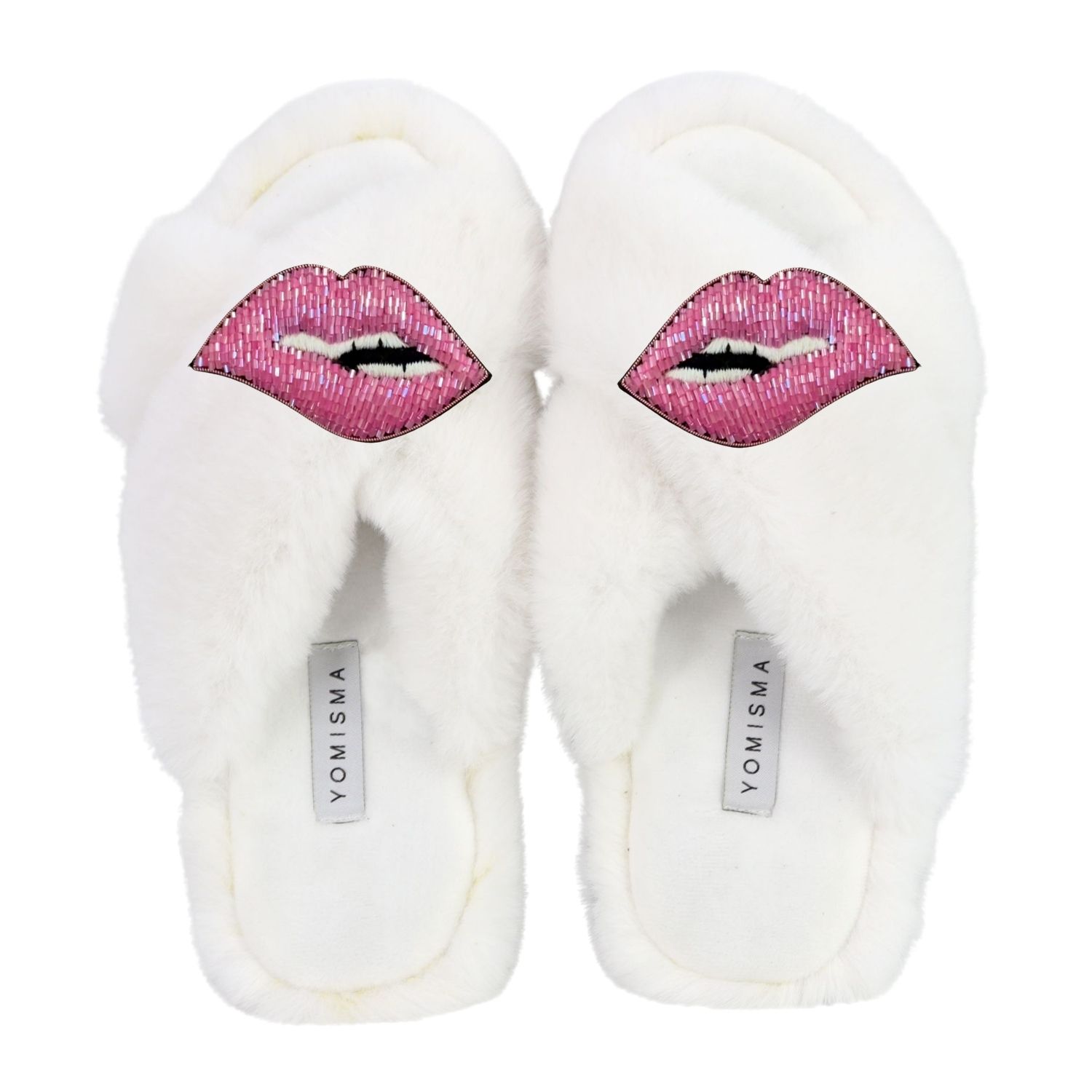 Yomisma Women's Faux Fur Slippers Global Recycled Standard Certified Lips Embellishment - White In White