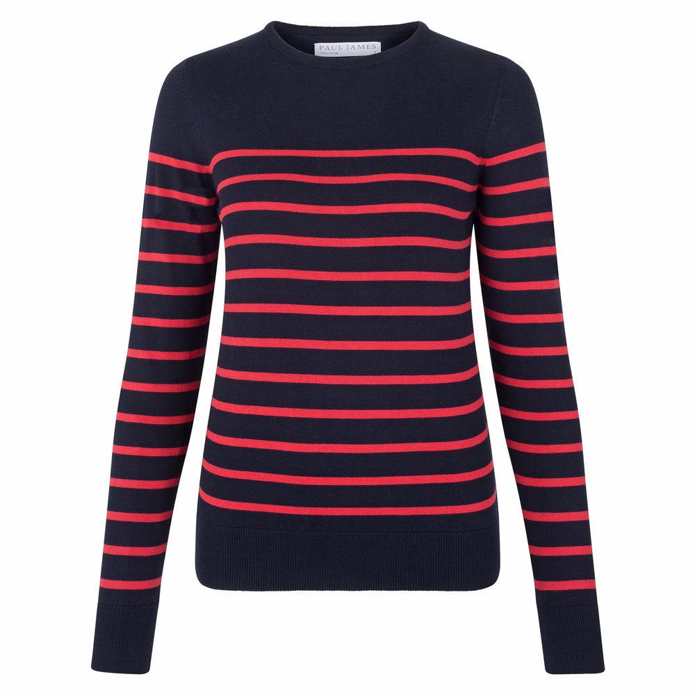 Blue / Red Womens Ultra-Fine Cotton Breton Tavia Crew Neck Jumper - Redna Small Paul James Knitwear