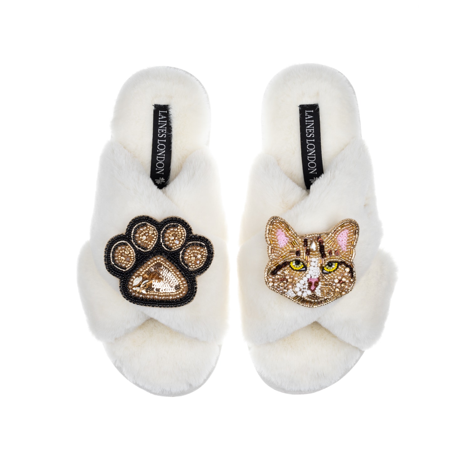 Laines London Women's White Classic Laines Slippers With Tabby Cat & Paw Brooches - Cream In White