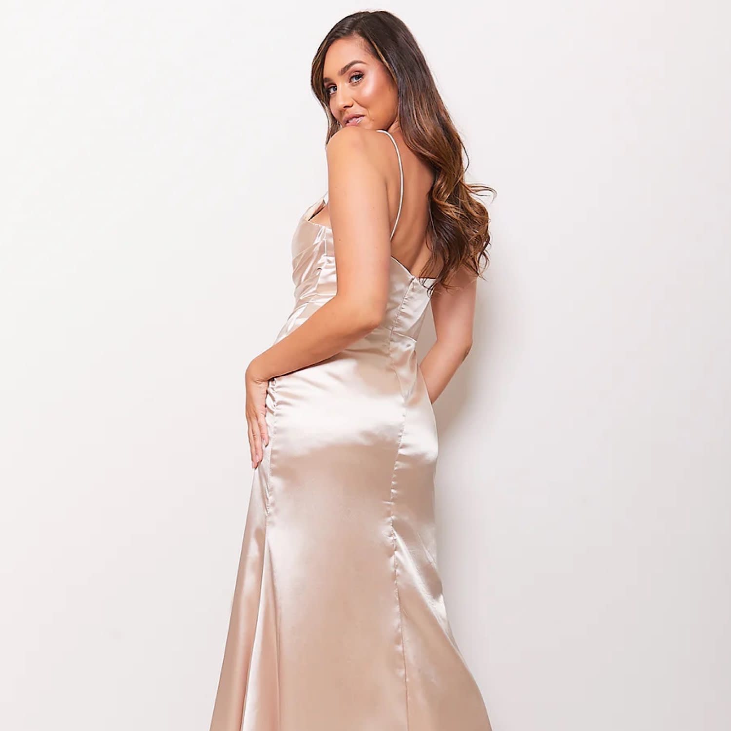 Nell Champagne Satin Long Evening Gown. Dress 2 Party Wolf Badger
