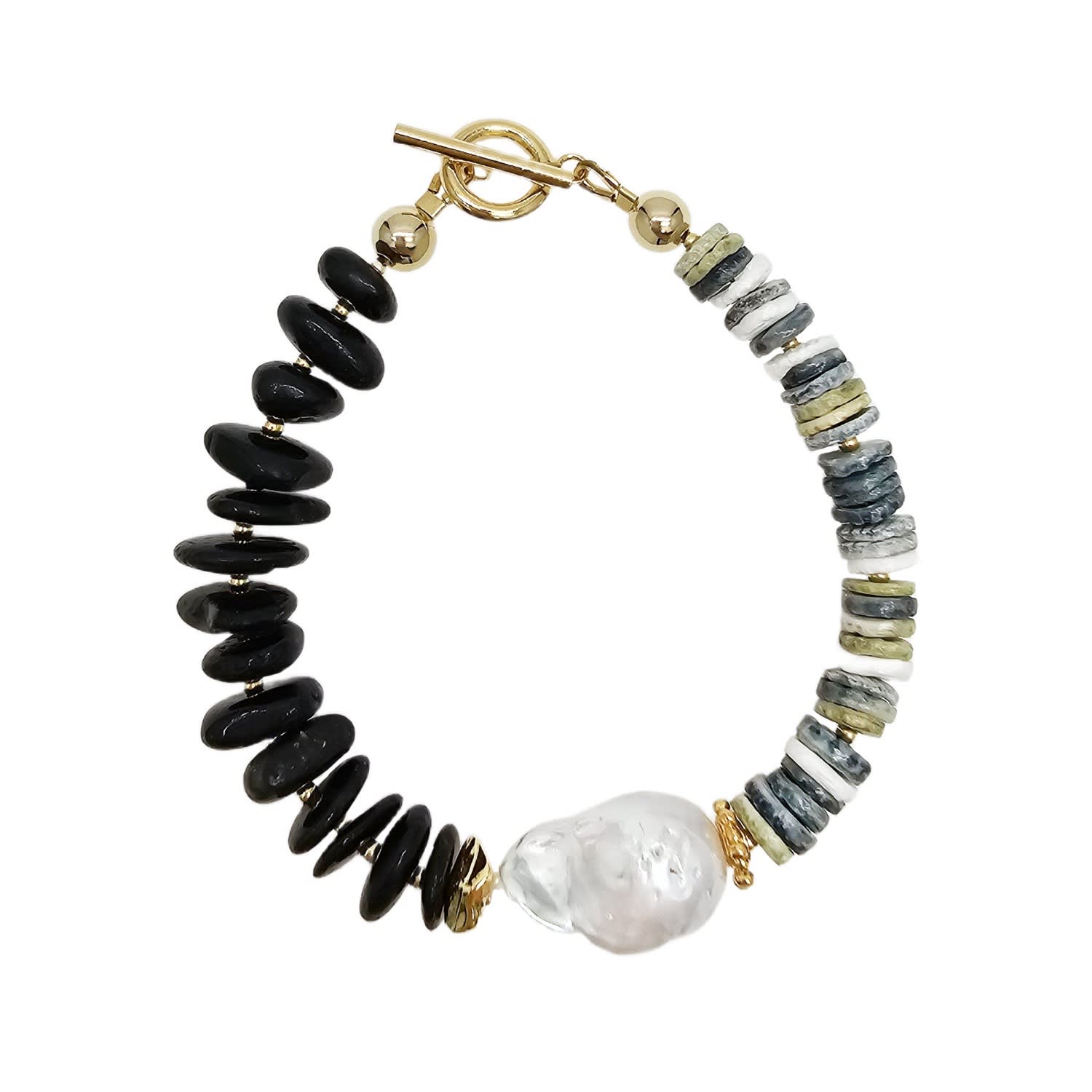 Farra Women's Black Tourmaline And Shell With Baroque Pearl Bracelet In Multi