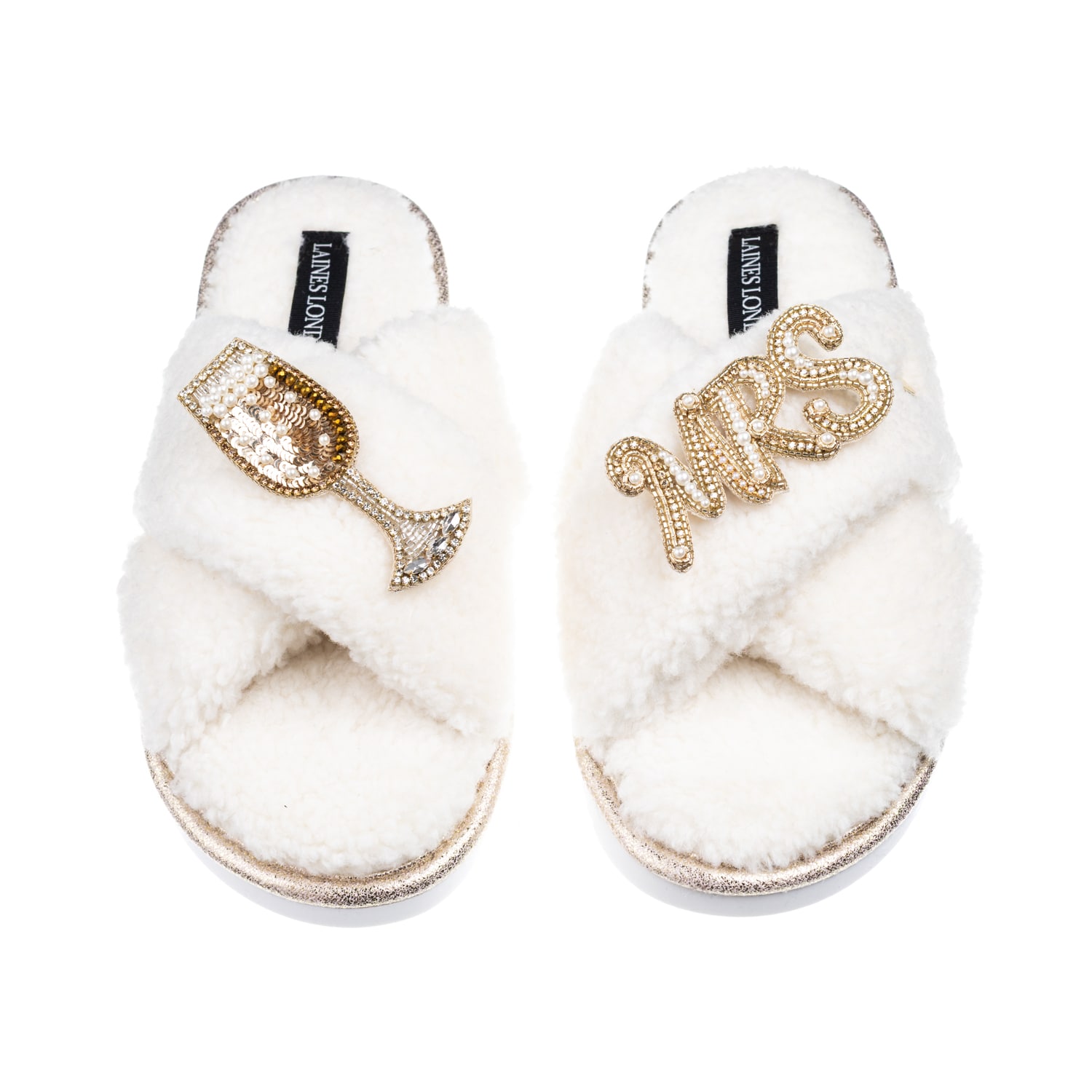 Laines London Women's Neutrals / White Laines Neutral Boucle Slippers With Wedding Champers & Mrs Brooches