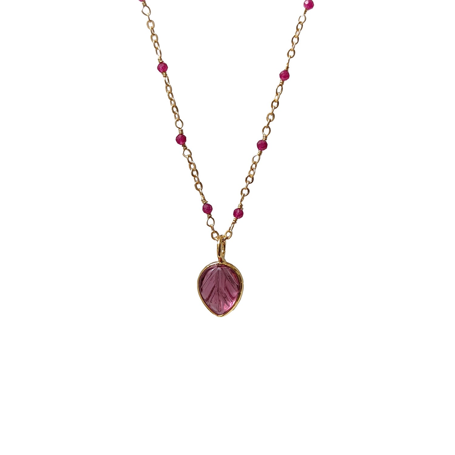 Women’s Pink / Purple Fancy Ruby Rosary With Pink Tourmaline Leaf Pendant Mirabelle Jewellery