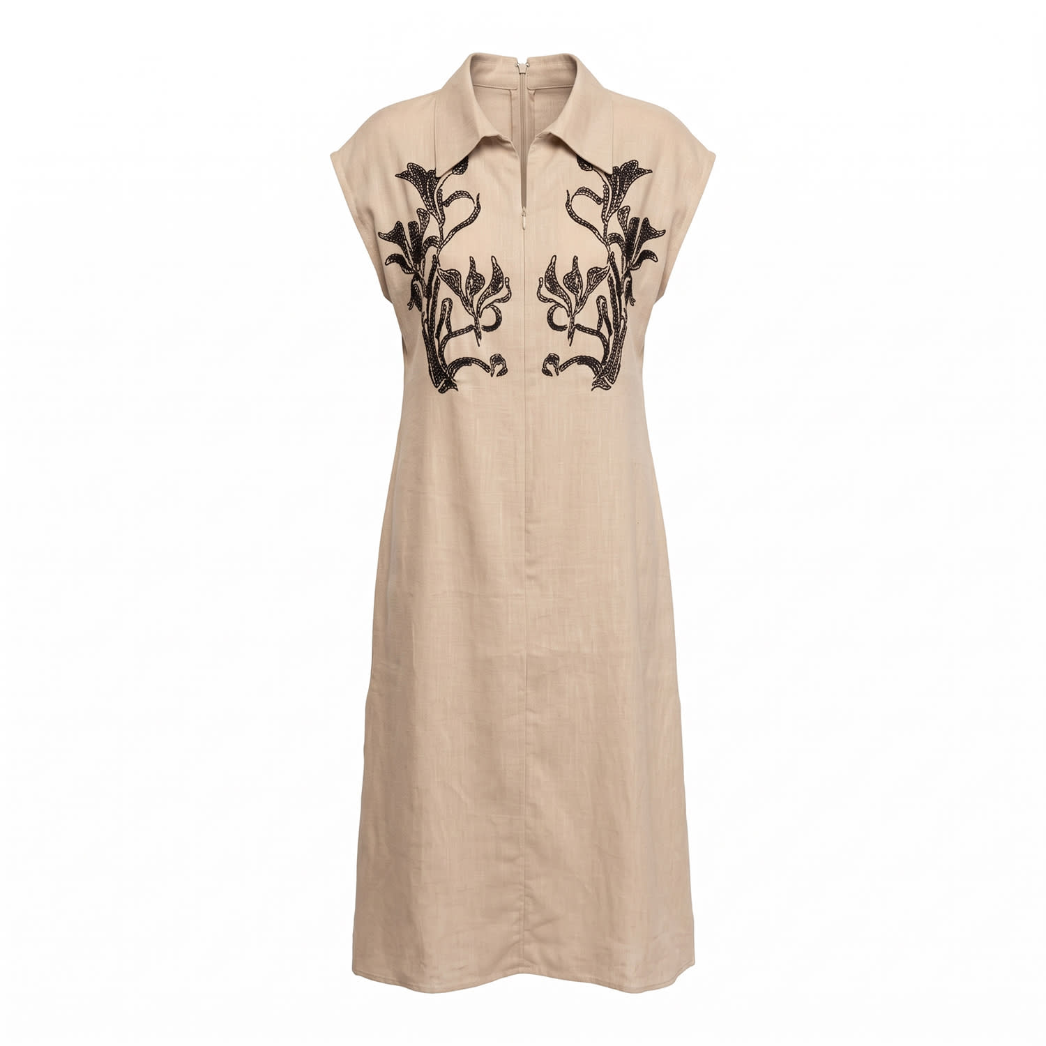 Tantra Spain Sl Women's Neutrals Loose-fitting Midi Dress With Sequin Embellishment On The Chest And Zipper Detail In Beige/black