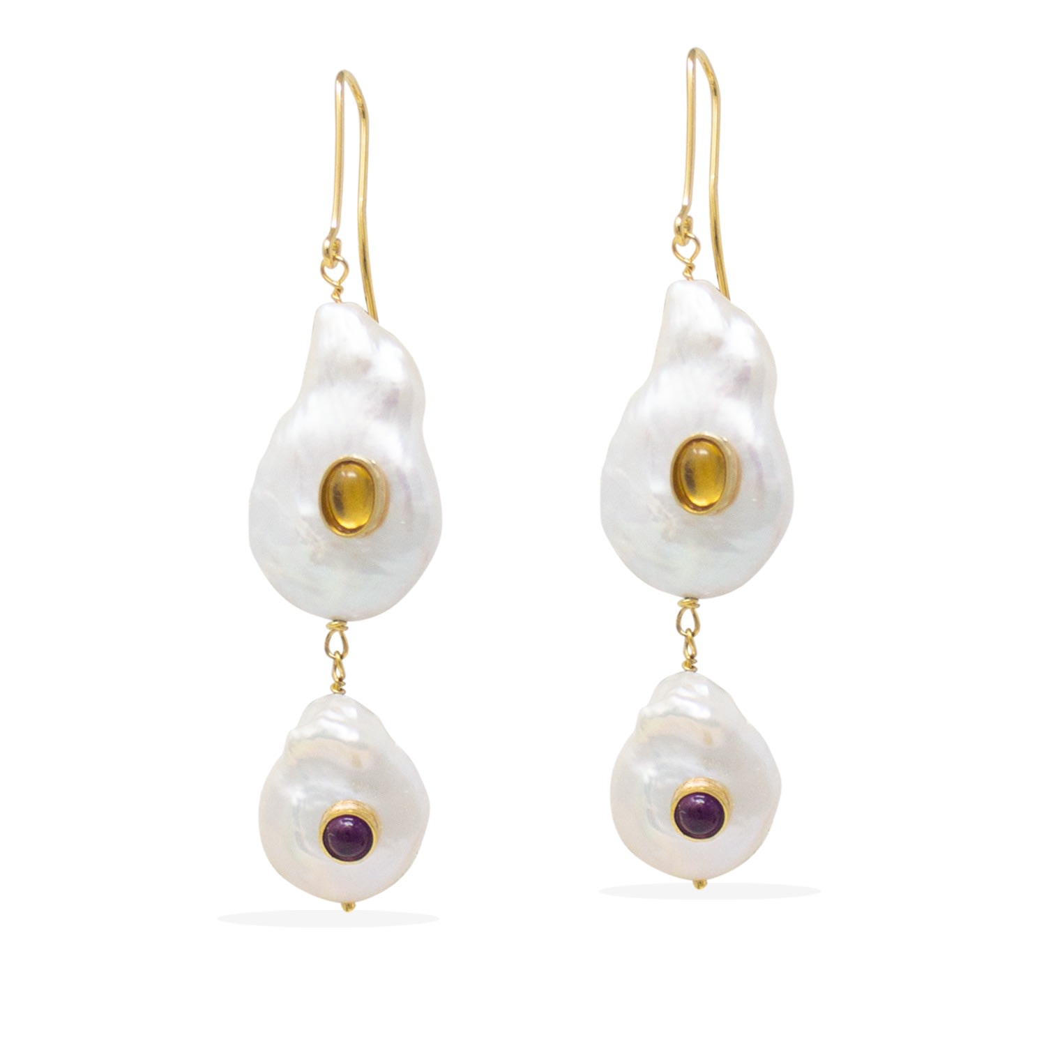 Vintouch Italy Women's White / Purple Aphrodite Gold Vermeil Pearl, Citrine & Amethyst Earrings In Multi