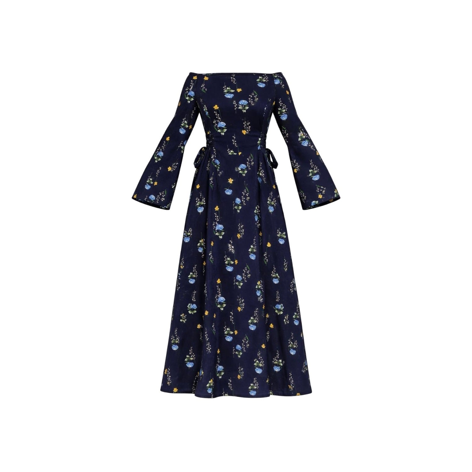 Women's Blue Adjustable Waist Midi Dress: Meadow Dream | Medium | Rainsisters