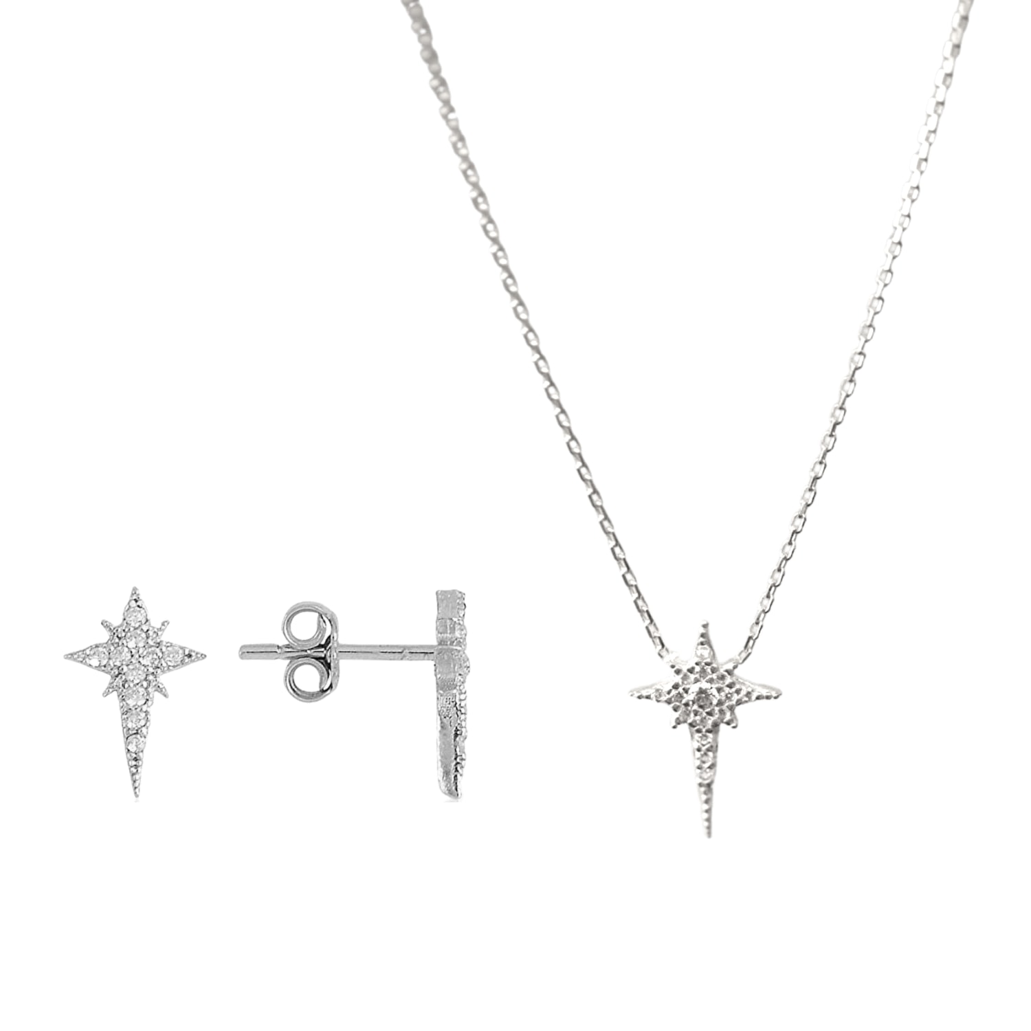 Spero London Women's Northern Star Polaris Starburst Sterling Silver Necklace & Stud Earring Set - Silver