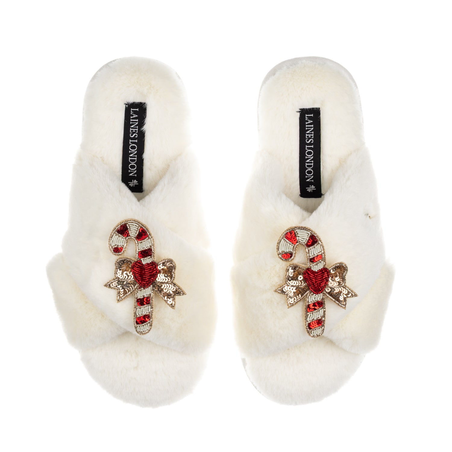 Laines London Women's Neutrals / White Classic Laines Christmas Collection Slippers With Double Red Candy Cane Bro In White